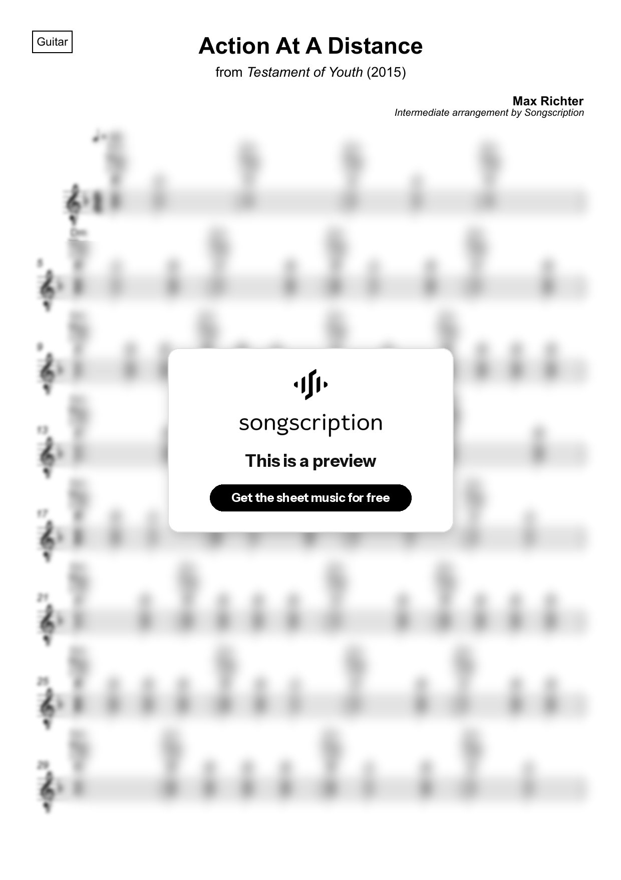 Intermediate Acoustic Guitar Sheet Music for "Action At A Distance" by Max Richter