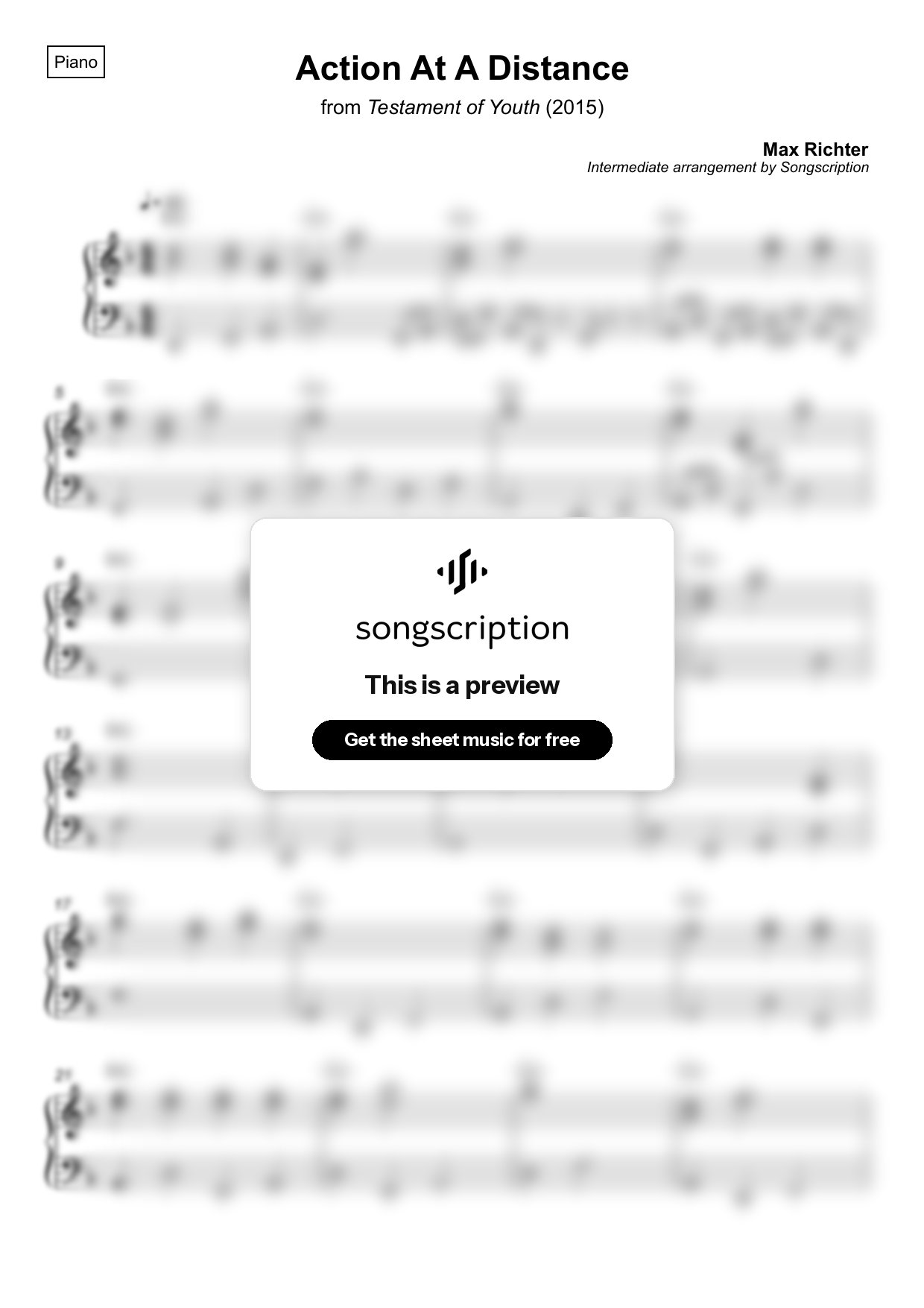 Intermediate Piano Sheet Music for "Action At A Distance" by Max Richter