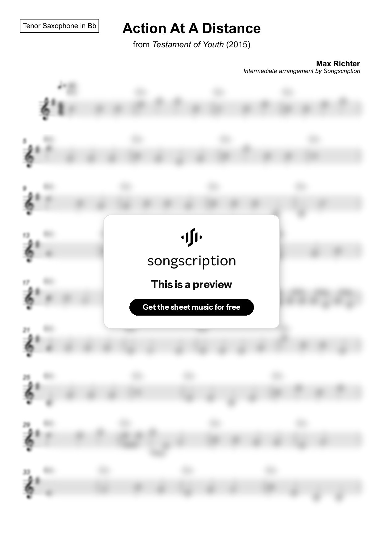 Intermediate Tenor Sax Sheet Music for "Action At A Distance" by Max Richter