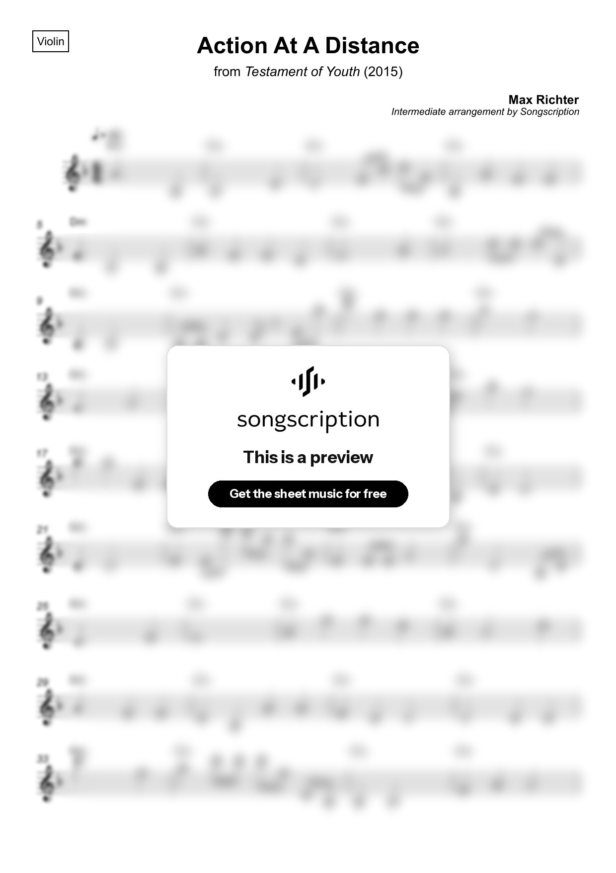 Intermediate Violin Sheet Music for "Action At A Distance" by Max Richter