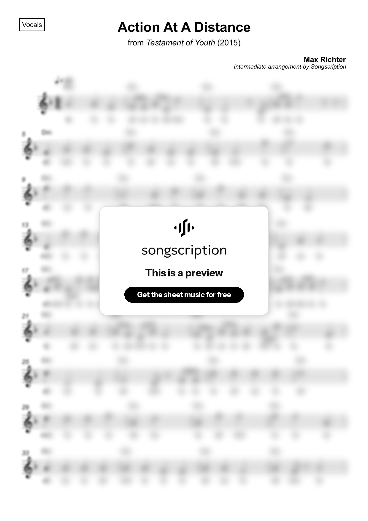 Intermediate Vocals Sheet Music for "Action At A Distance" by Max Richter
