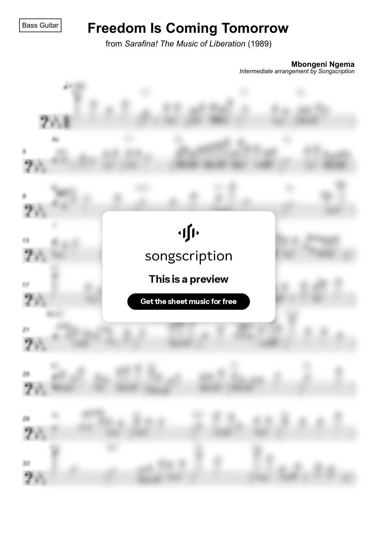 Intermediate Bass Guitar Sheet Music for "Freedom Is Coming Tomorrow" by Mbongeni Ngema