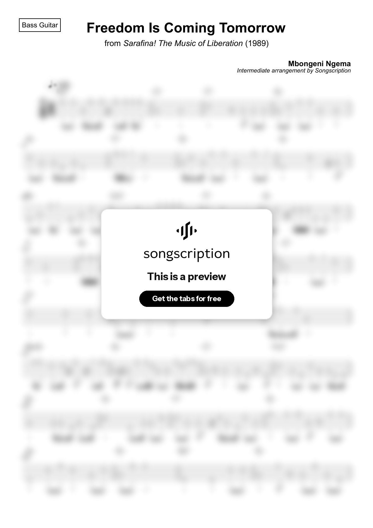 Intermediate Bass Guitar Tabs for "Freedom Is Coming Tomorrow" by Mbongeni Ngema