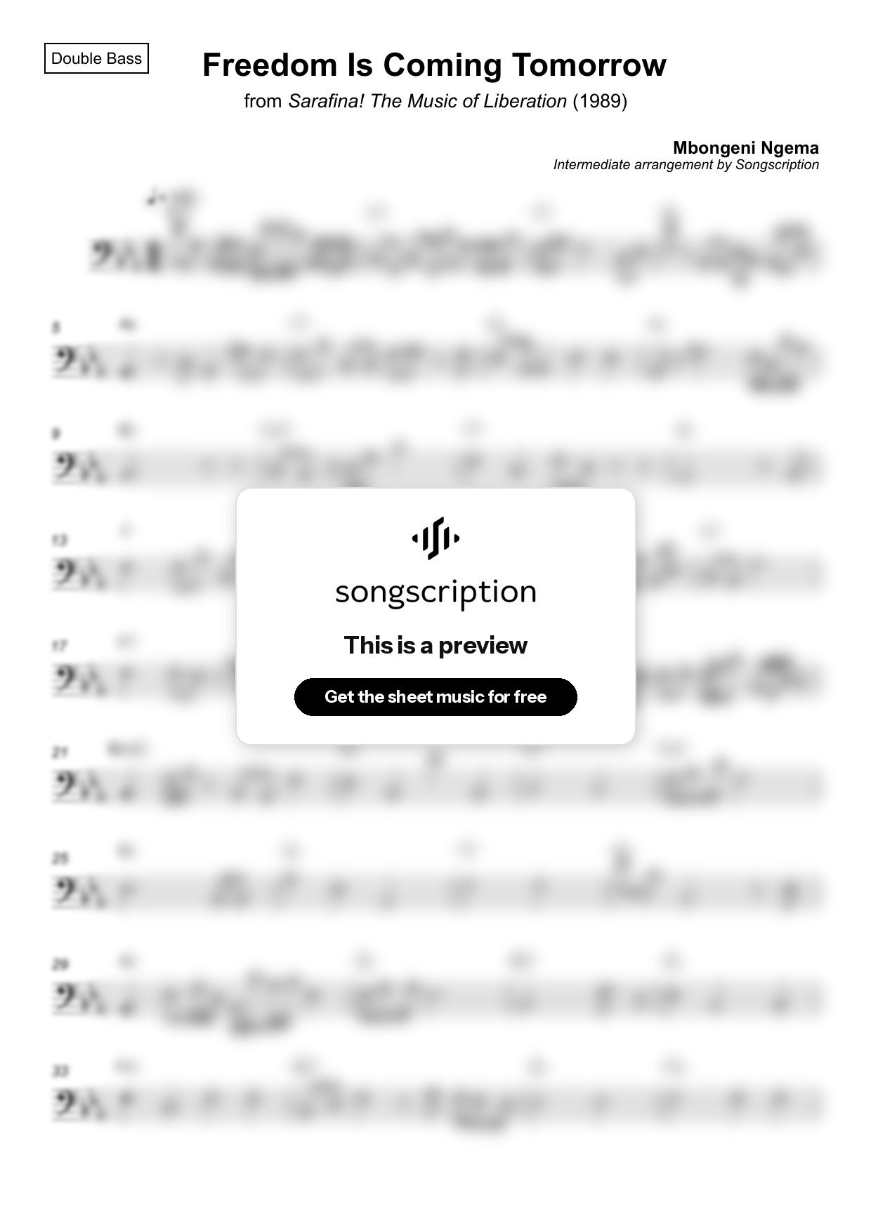 Intermediate Double Bass Sheet Music for "Freedom Is Coming Tomorrow" by Mbongeni Ngema
