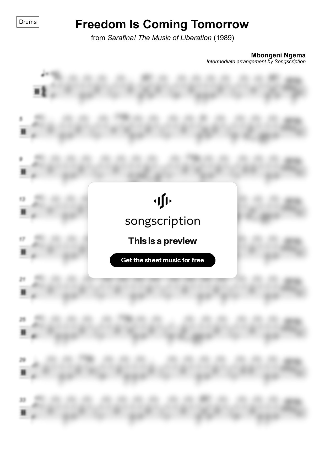 Intermediate Drums Sheet Music for "Freedom Is Coming Tomorrow" by Mbongeni Ngema