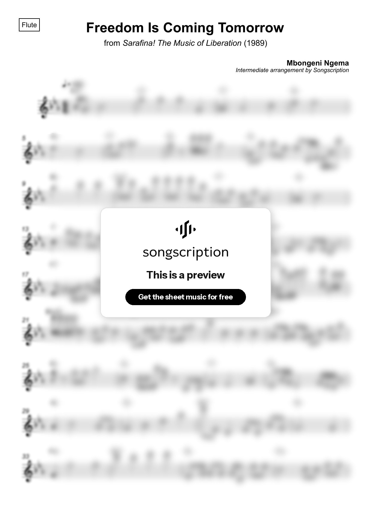 Intermediate Flute Sheet Music for "Freedom Is Coming Tomorrow" by Mbongeni Ngema
