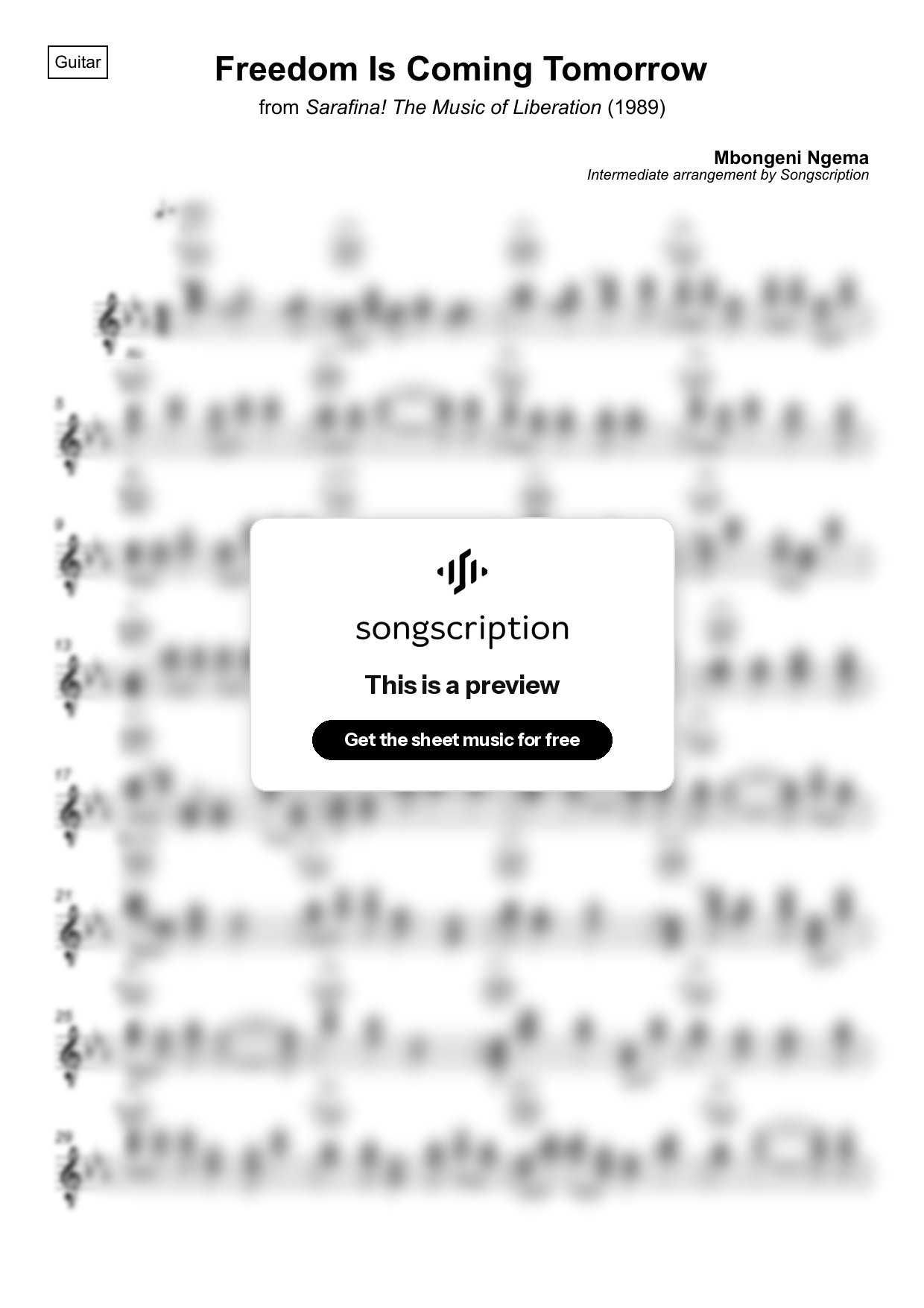 Intermediate Acoustic Guitar Sheet Music for "Freedom Is Coming Tomorrow" by Mbongeni Ngema