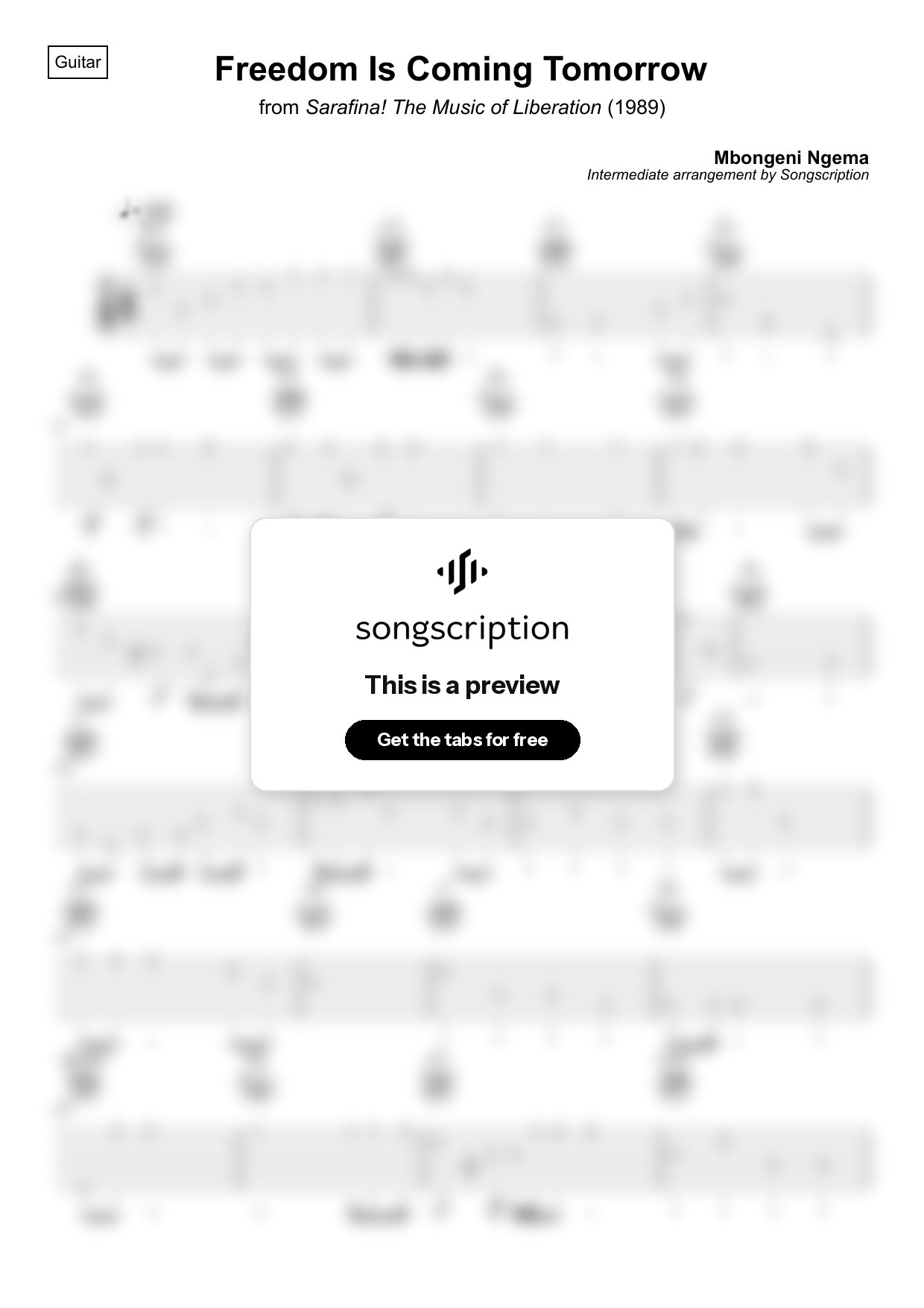 Intermediate Acoustic Guitar Tabs for "Freedom Is Coming Tomorrow" by Mbongeni Ngema