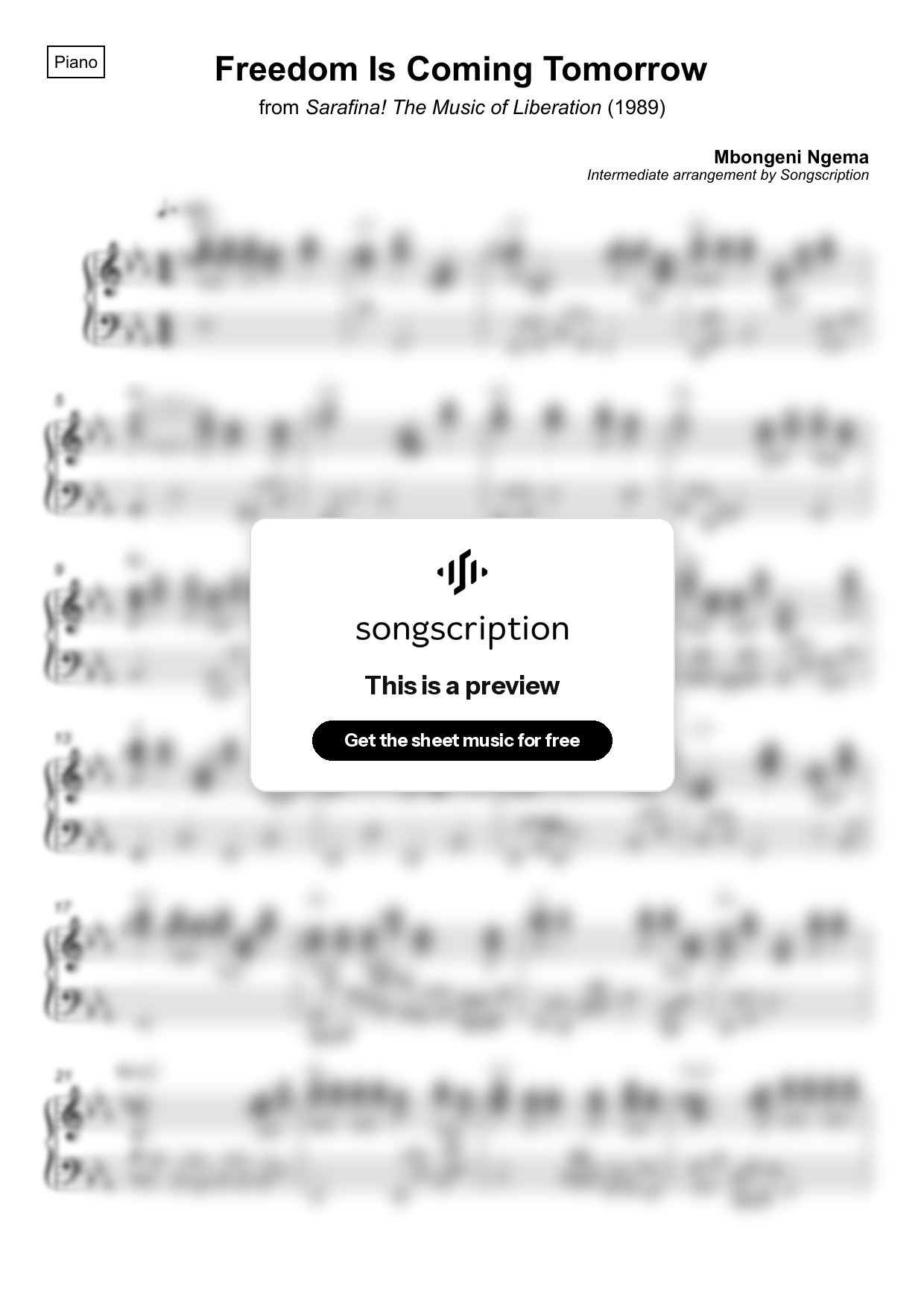 Intermediate Piano Sheet Music for "Freedom Is Coming Tomorrow" by Mbongeni Ngema