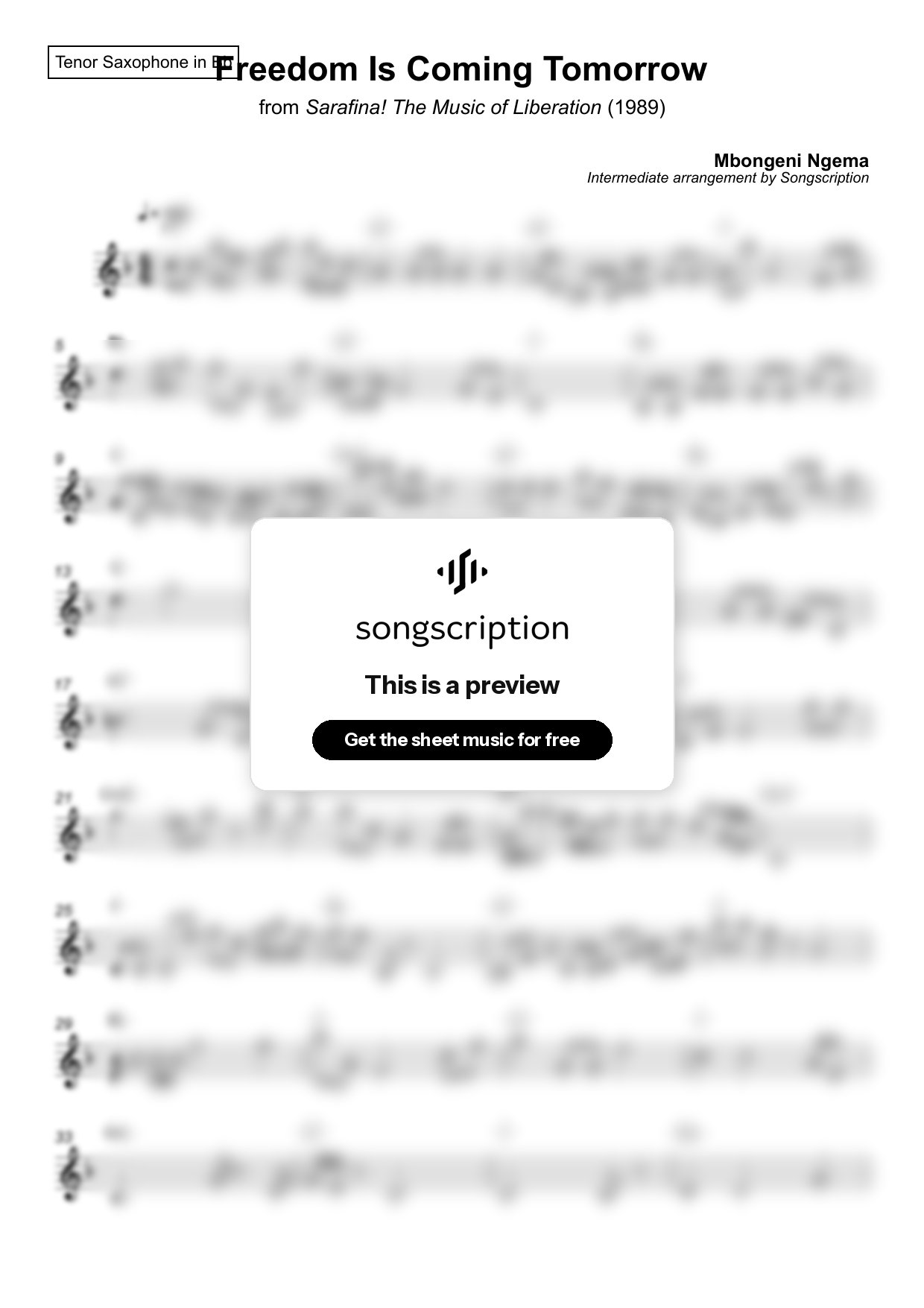Intermediate Tenor Sax Sheet Music for "Freedom Is Coming Tomorrow" by Mbongeni Ngema