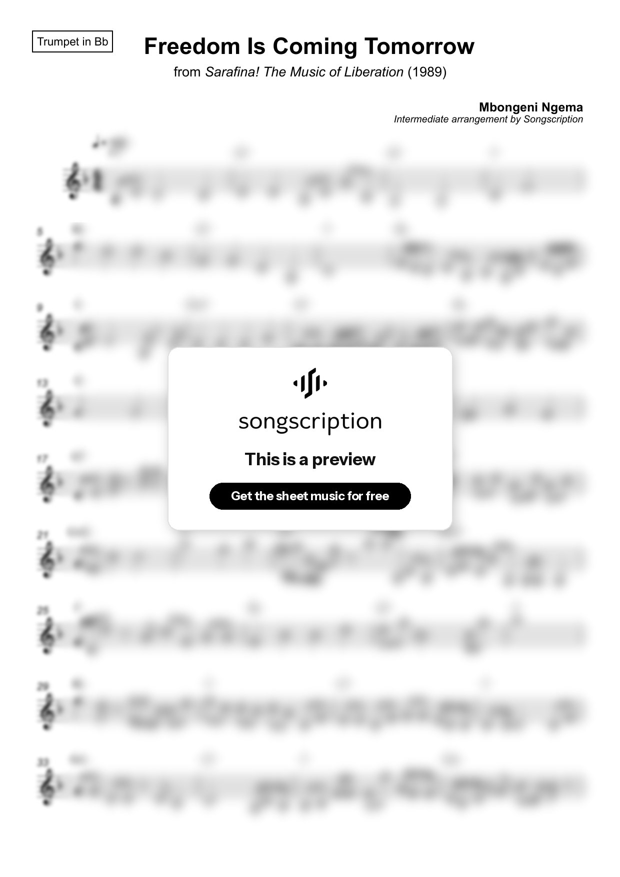Intermediate Trumpet Sheet Music for "Freedom Is Coming Tomorrow" by Mbongeni Ngema