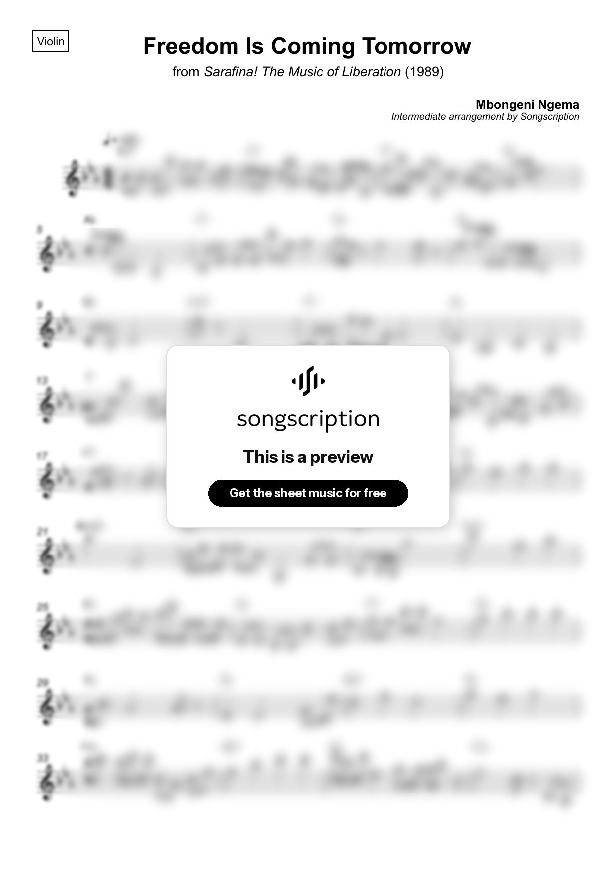 Intermediate Violin Sheet Music for "Freedom Is Coming Tomorrow" by Mbongeni Ngema