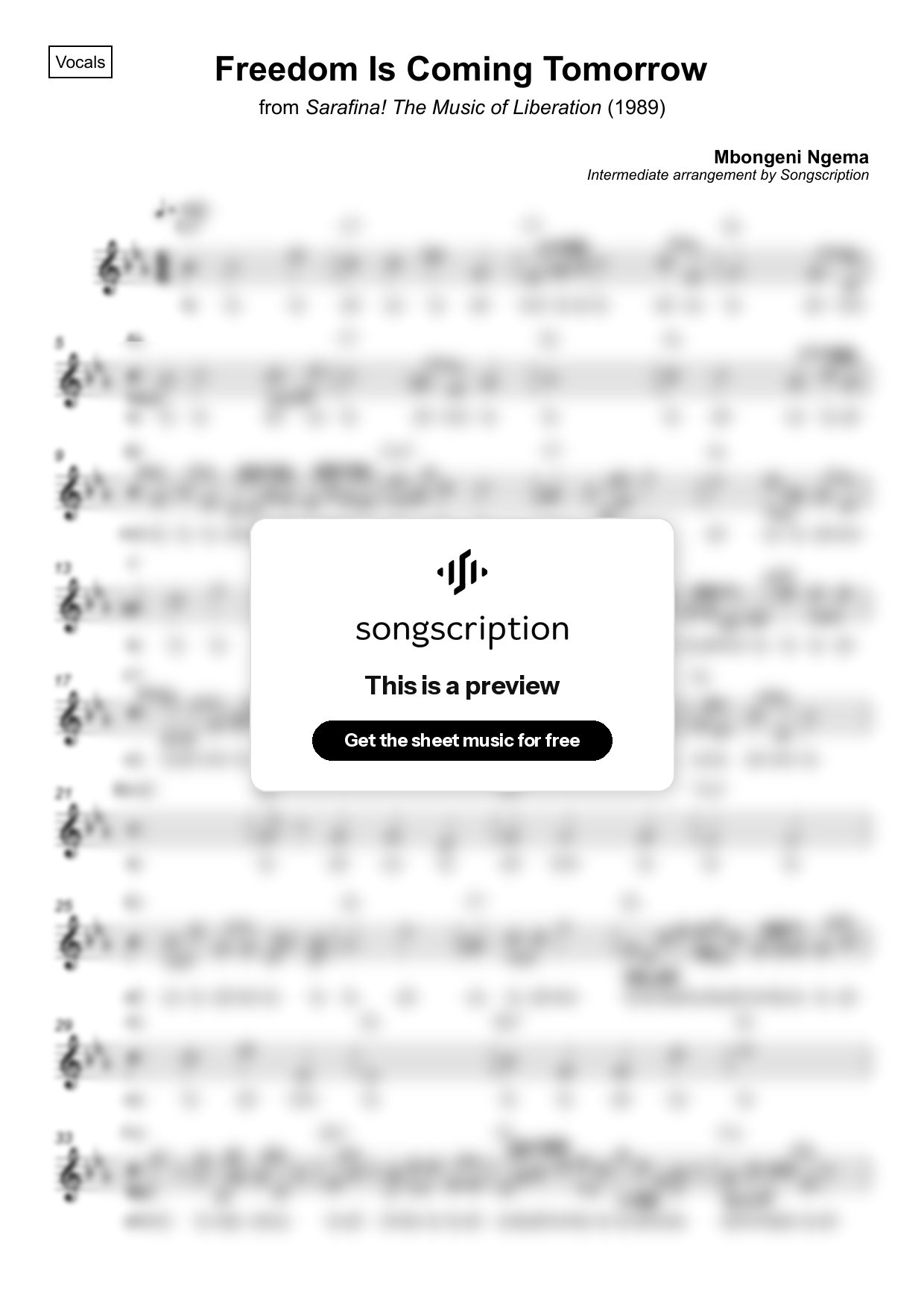 Intermediate Vocals Sheet Music for "Freedom Is Coming Tomorrow" by Mbongeni Ngema