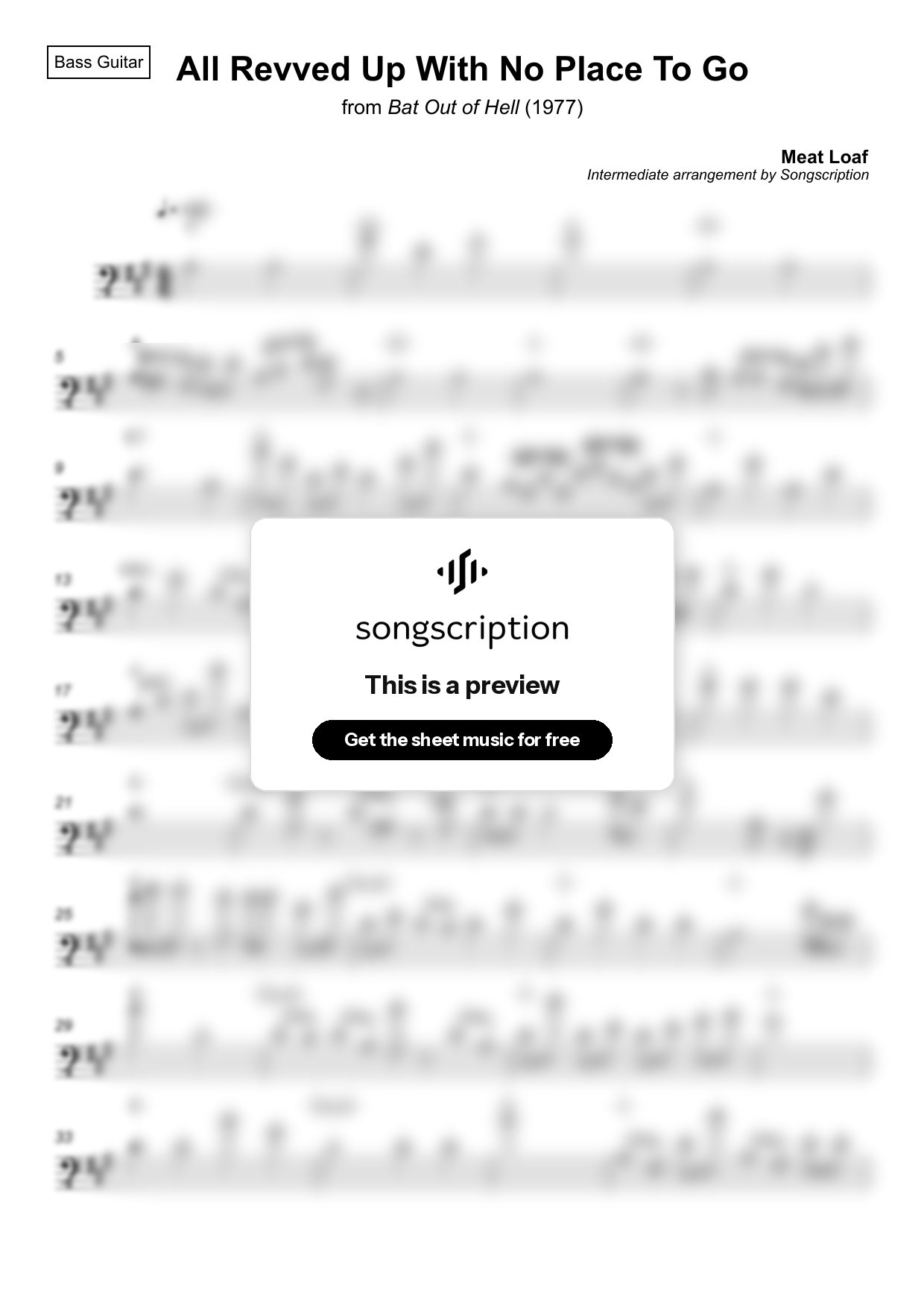 Intermediate Bass Guitar Sheet Music for "All Revved Up With No Place To Go" by Meat Loaf