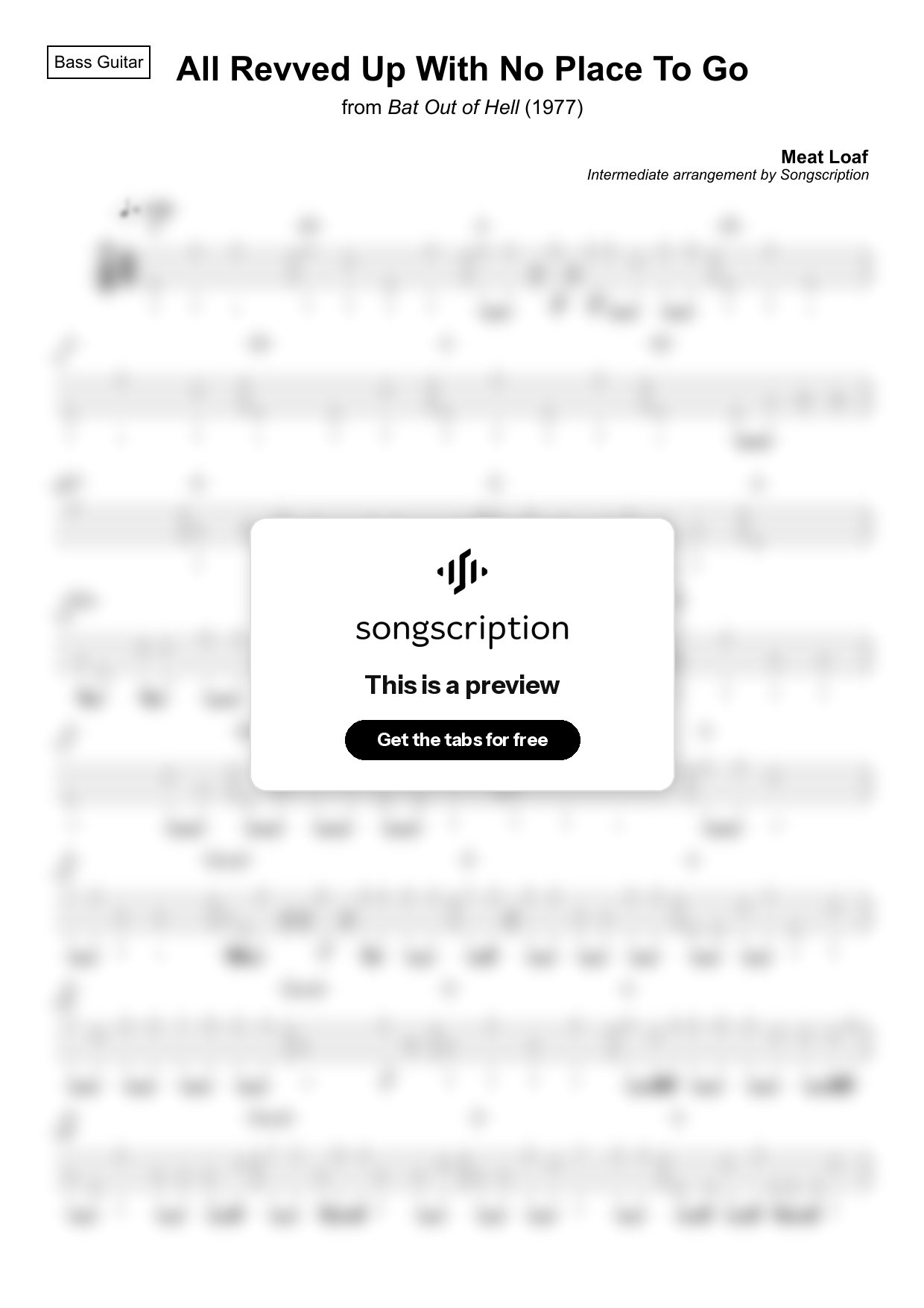 Intermediate Bass Guitar Tabs for "All Revved Up With No Place To Go" by Meat Loaf