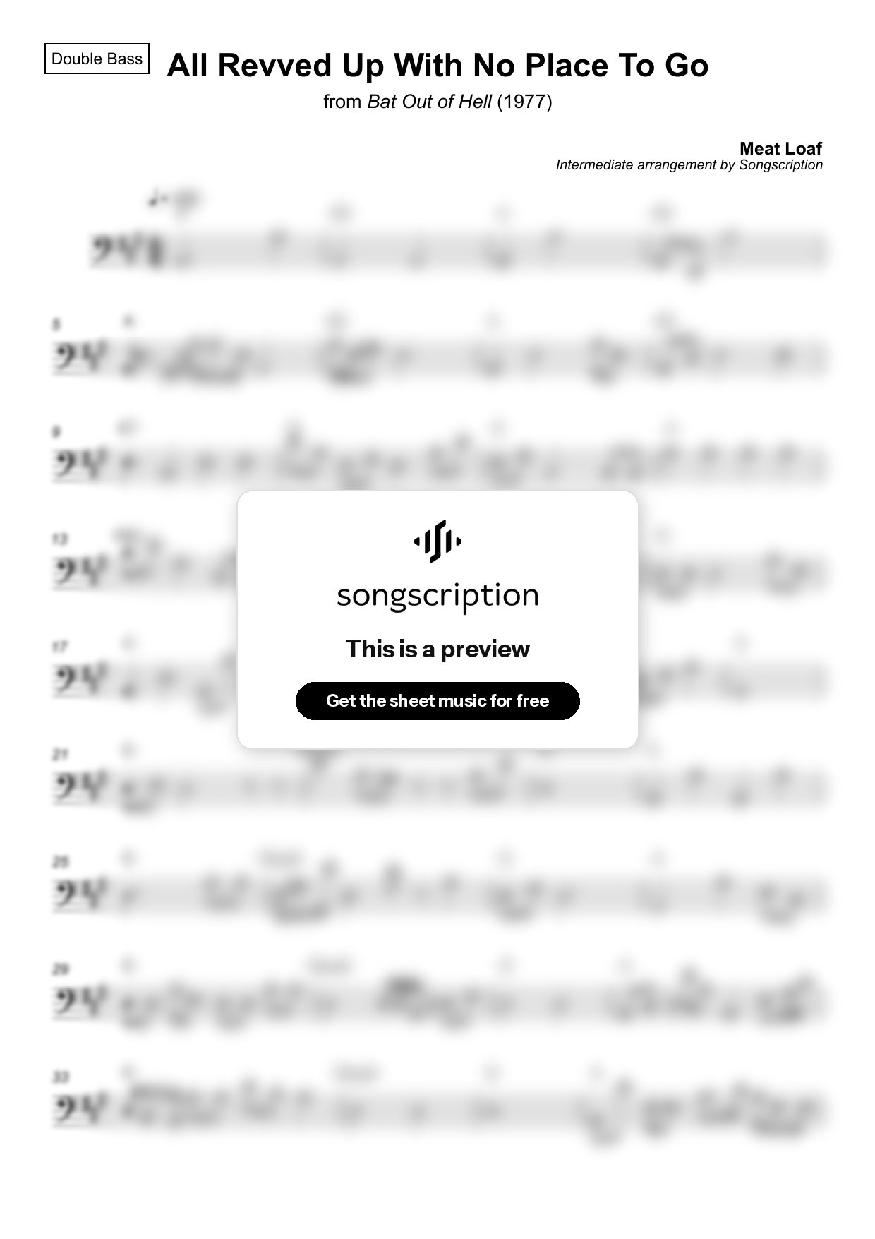 Intermediate Double Bass Sheet Music for "All Revved Up With No Place To Go" by Meat Loaf