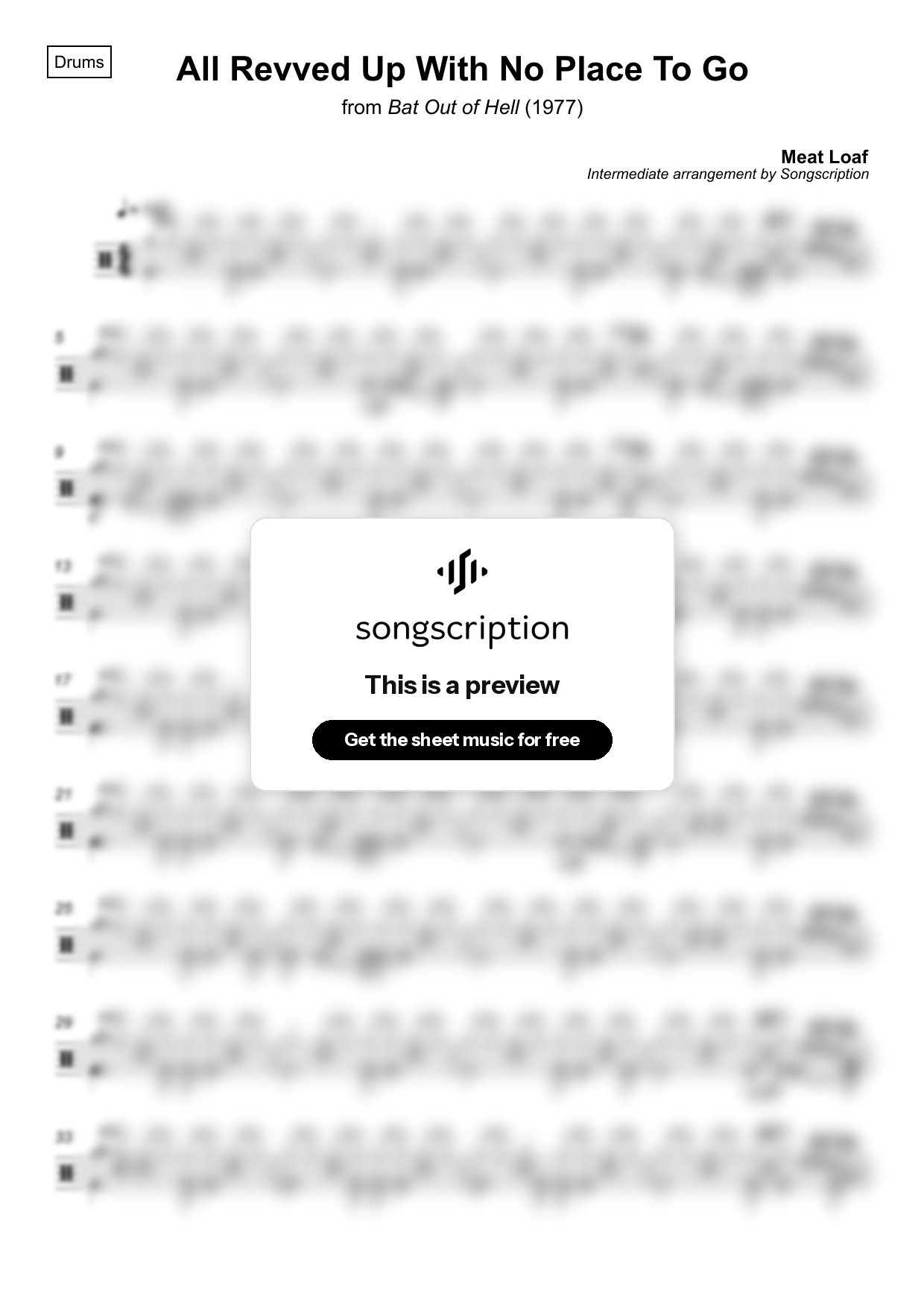 Intermediate Drums Sheet Music for "All Revved Up With No Place To Go" by Meat Loaf