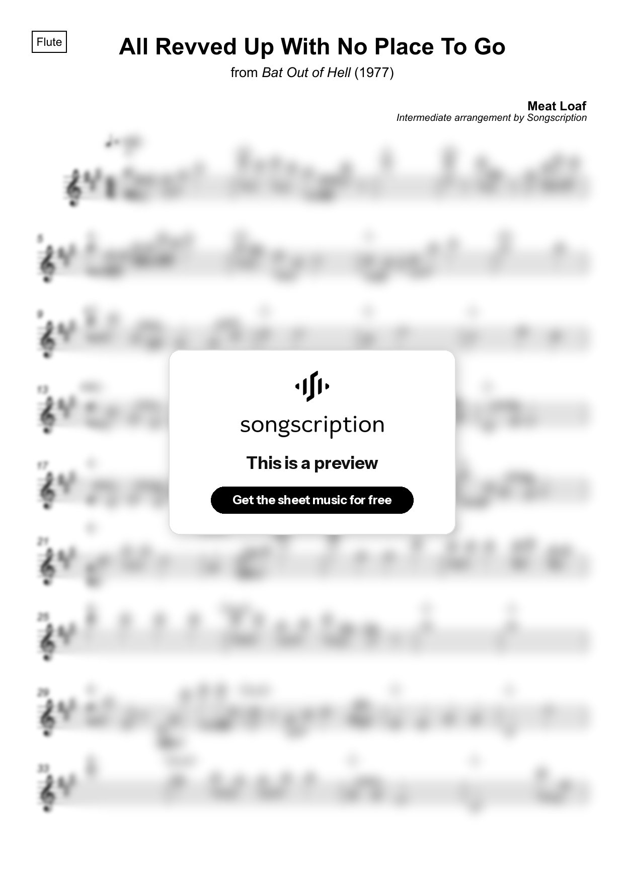 Intermediate Flute Sheet Music for "All Revved Up With No Place To Go" by Meat Loaf