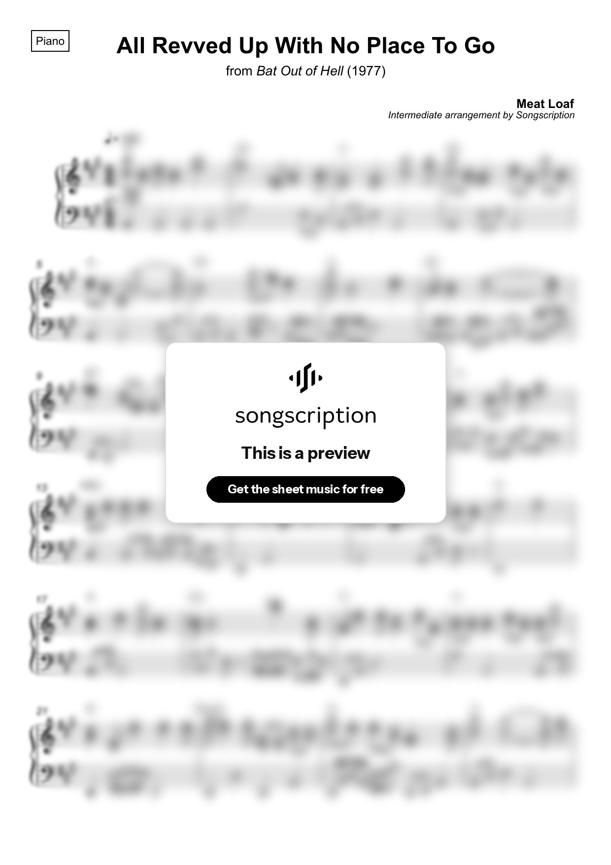 Intermediate Piano Sheet Music for "All Revved Up With No Place To Go" by Meat Loaf