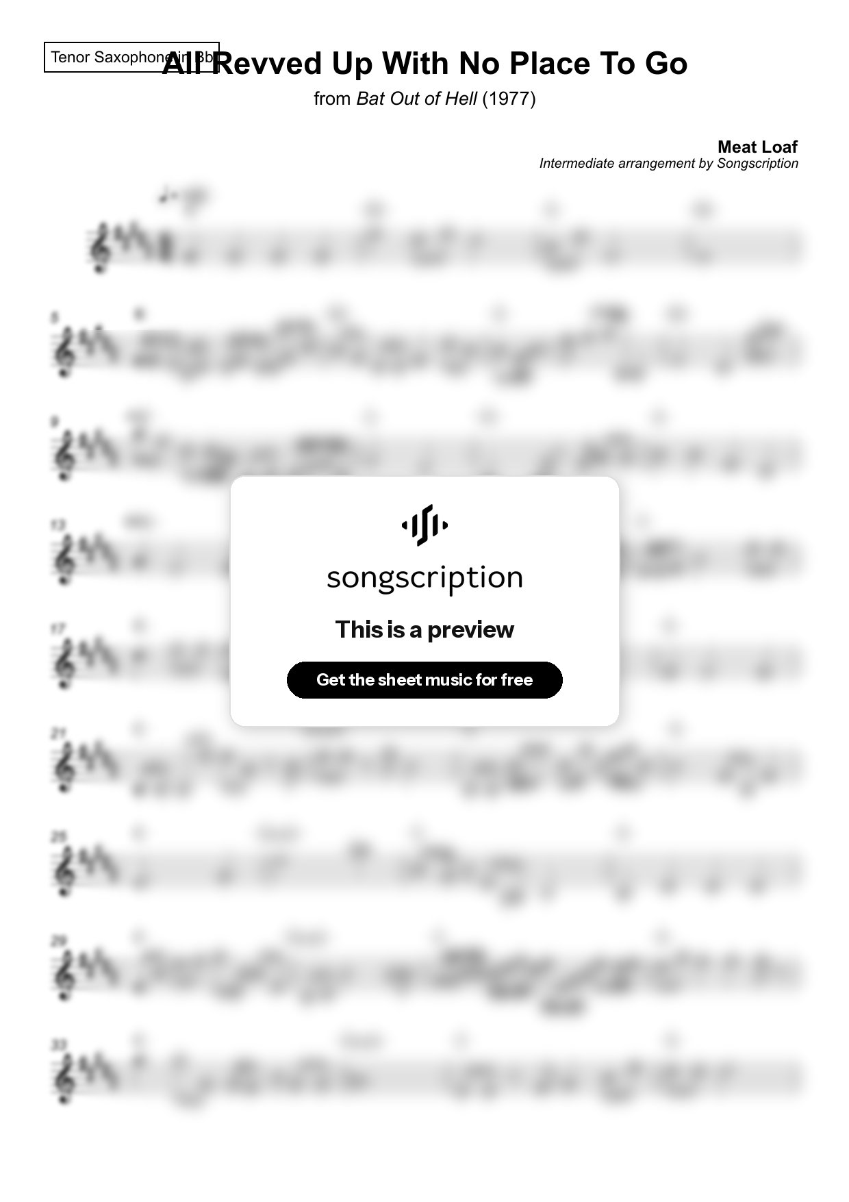 Intermediate Tenor Sax Sheet Music for "All Revved Up With No Place To Go" by Meat Loaf