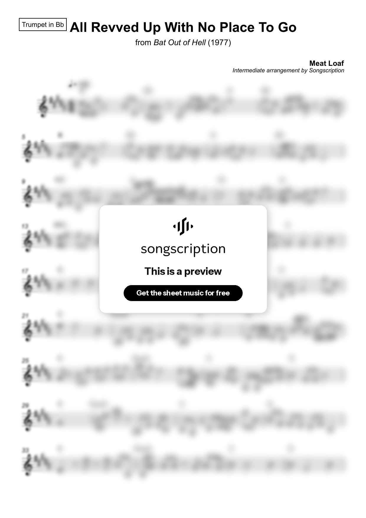 Intermediate Trumpet Sheet Music for "All Revved Up With No Place To Go" by Meat Loaf