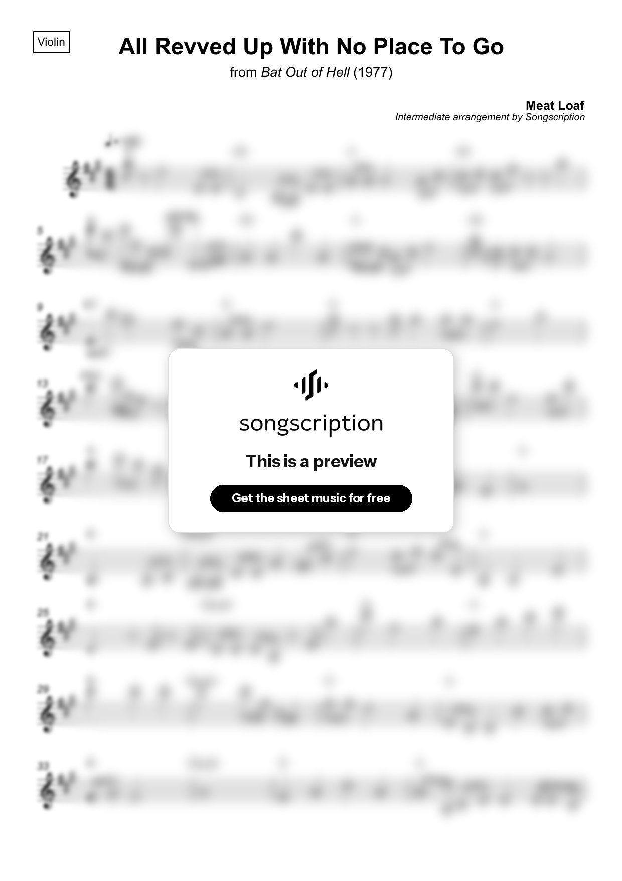 Intermediate Violin Sheet Music for "All Revved Up With No Place To Go" by Meat Loaf