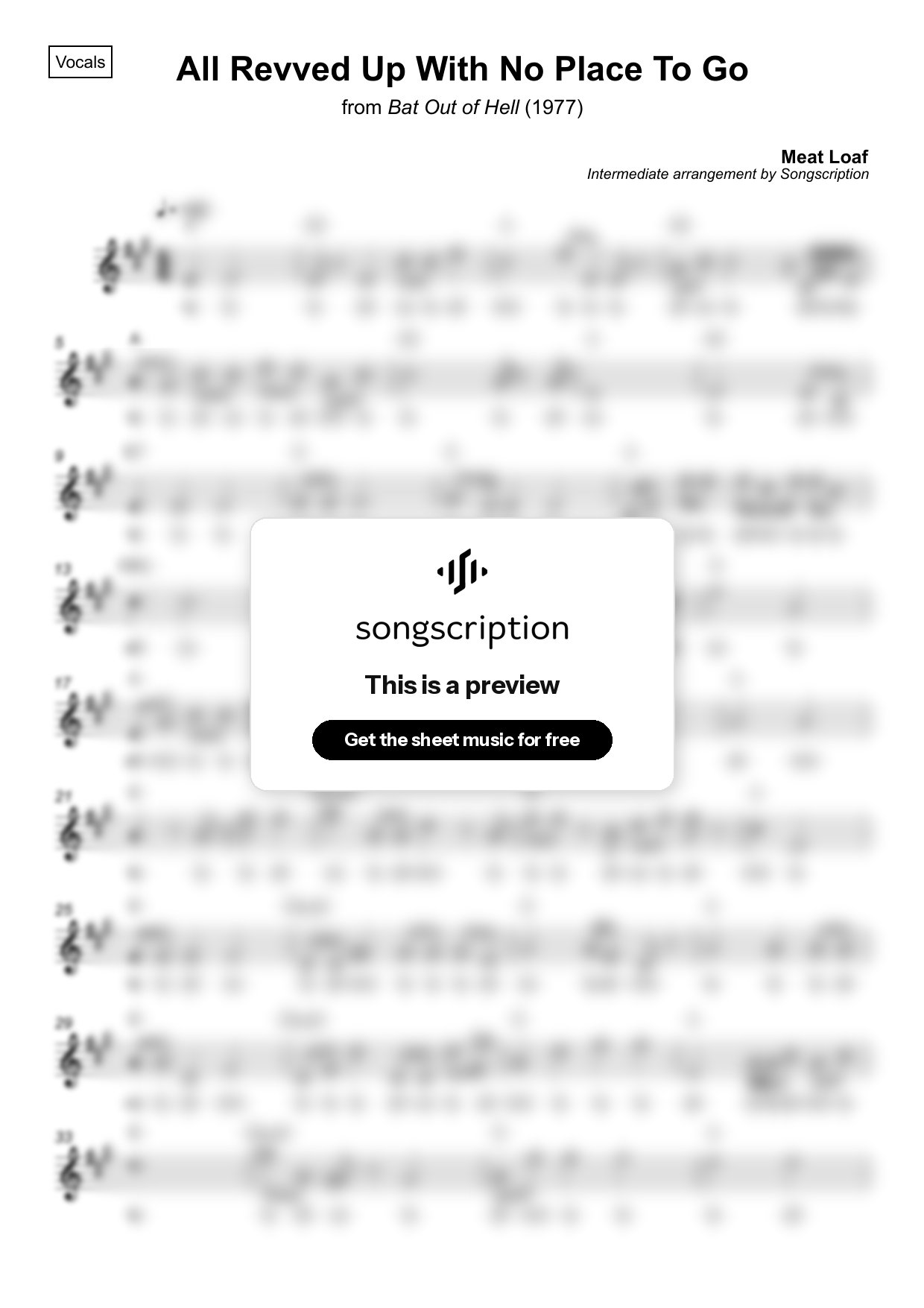 Intermediate Vocals Sheet Music for "All Revved Up With No Place To Go" by Meat Loaf