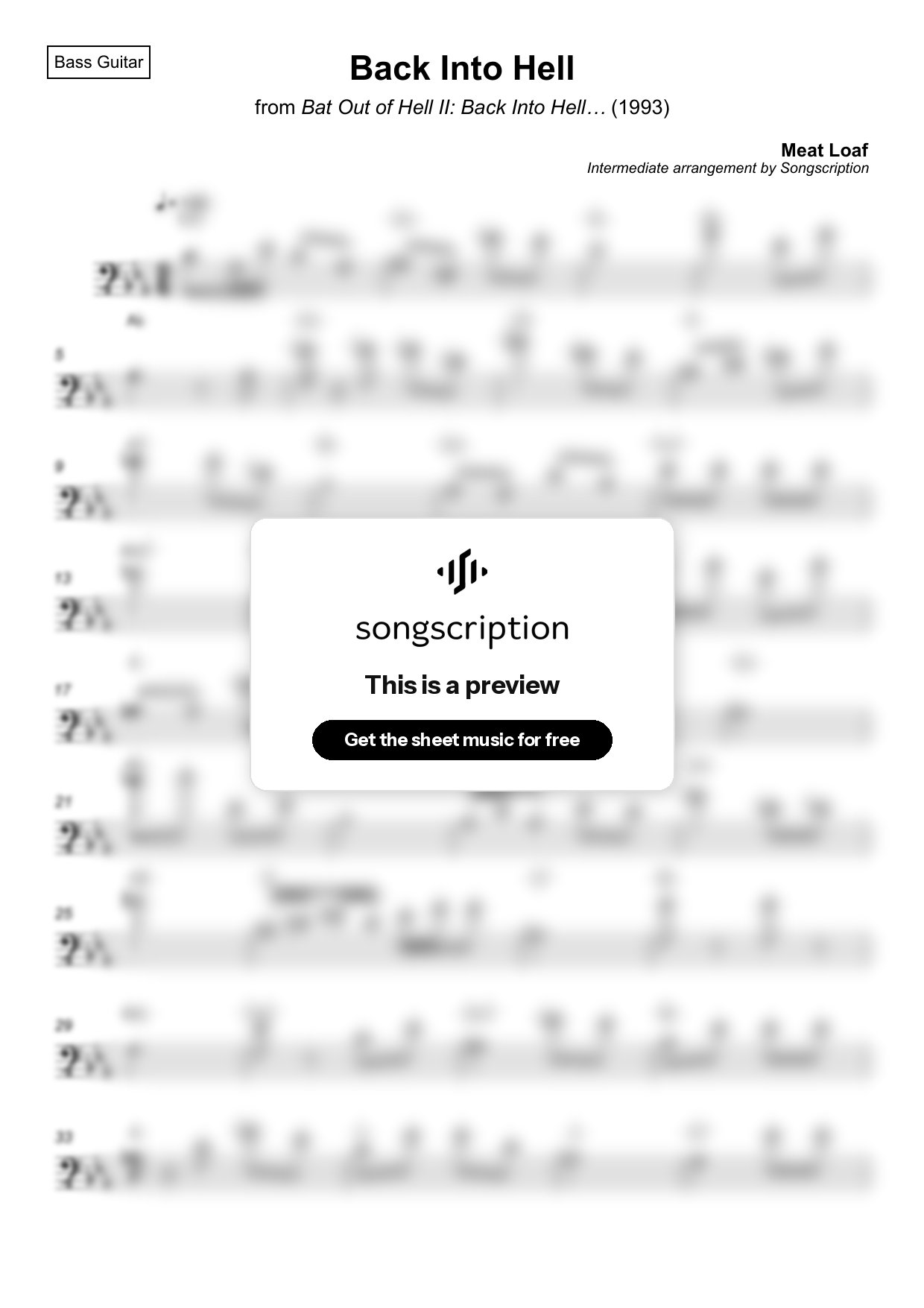 Intermediate Bass Guitar Sheet Music for "Back Into Hell" by Meat Loaf
