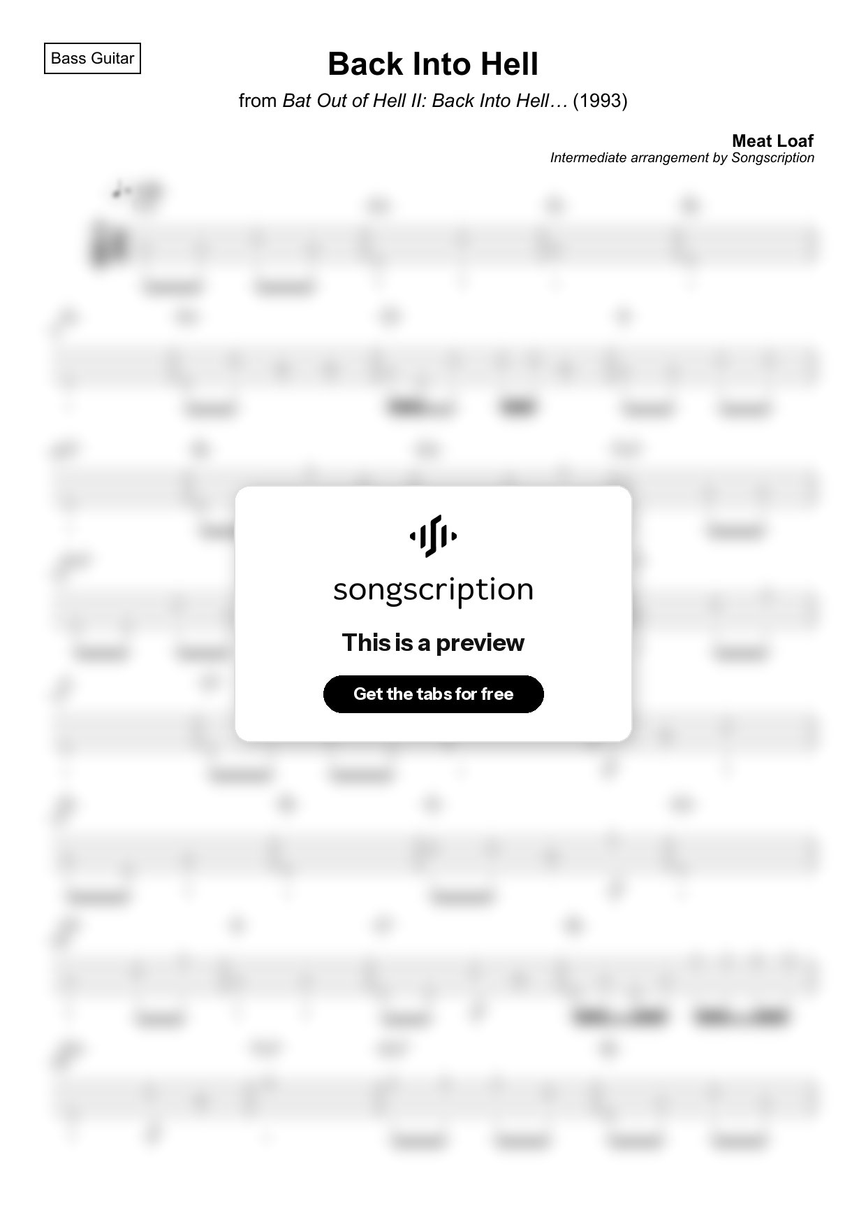 Intermediate Bass Guitar Tabs for "Back Into Hell" by Meat Loaf
