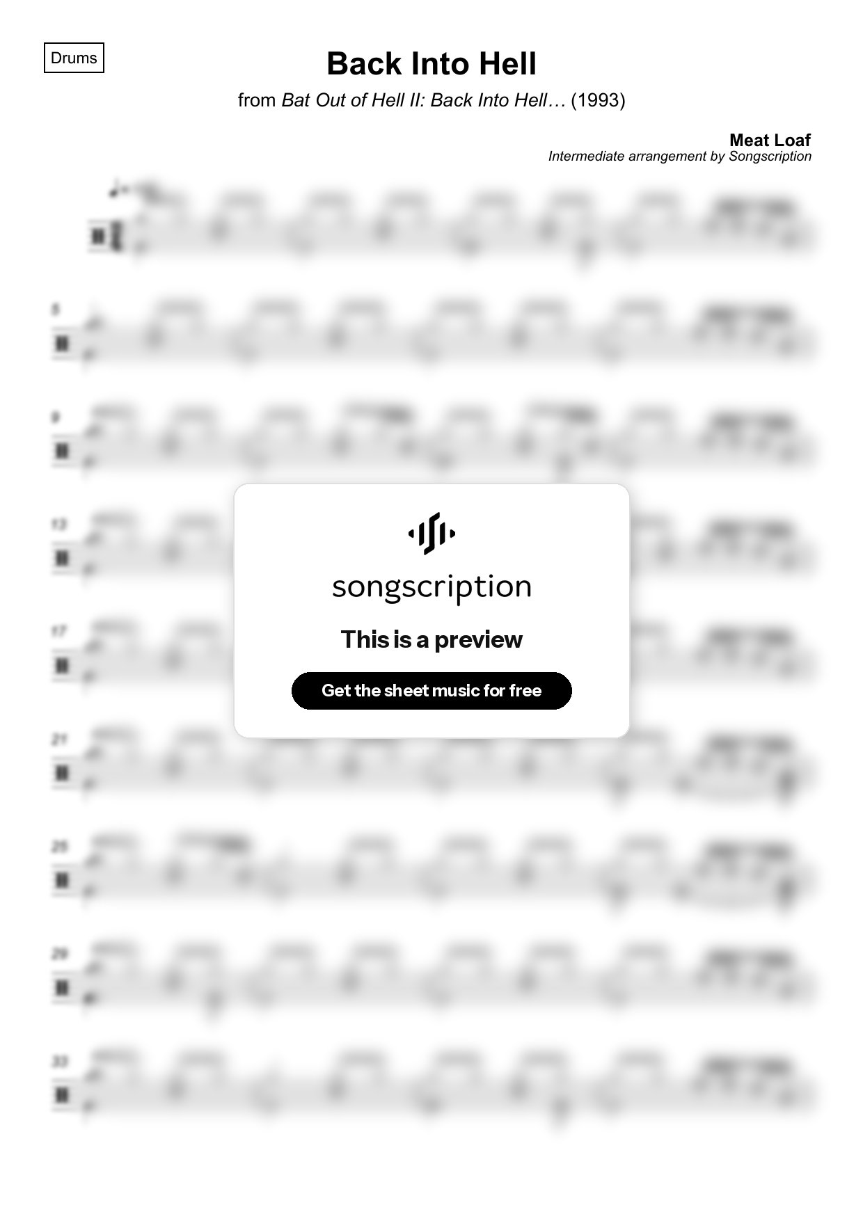 Intermediate Drums Sheet Music for "Back Into Hell" by Meat Loaf
