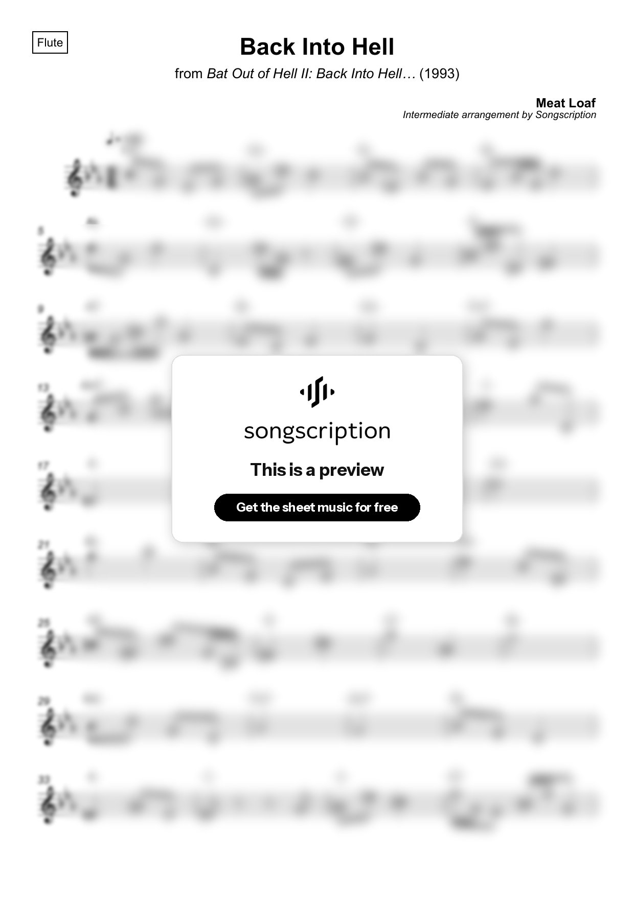 Intermediate Flute Sheet Music for "Back Into Hell" by Meat Loaf