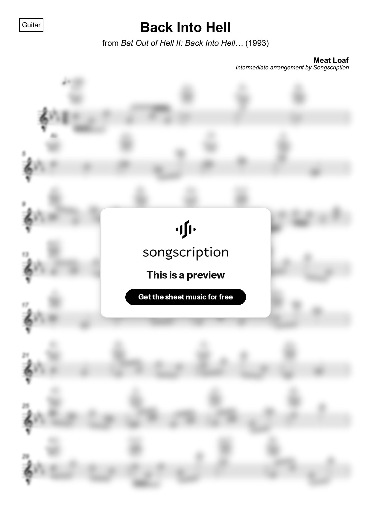 Intermediate Acoustic Guitar Sheet Music for "Back Into Hell" by Meat Loaf