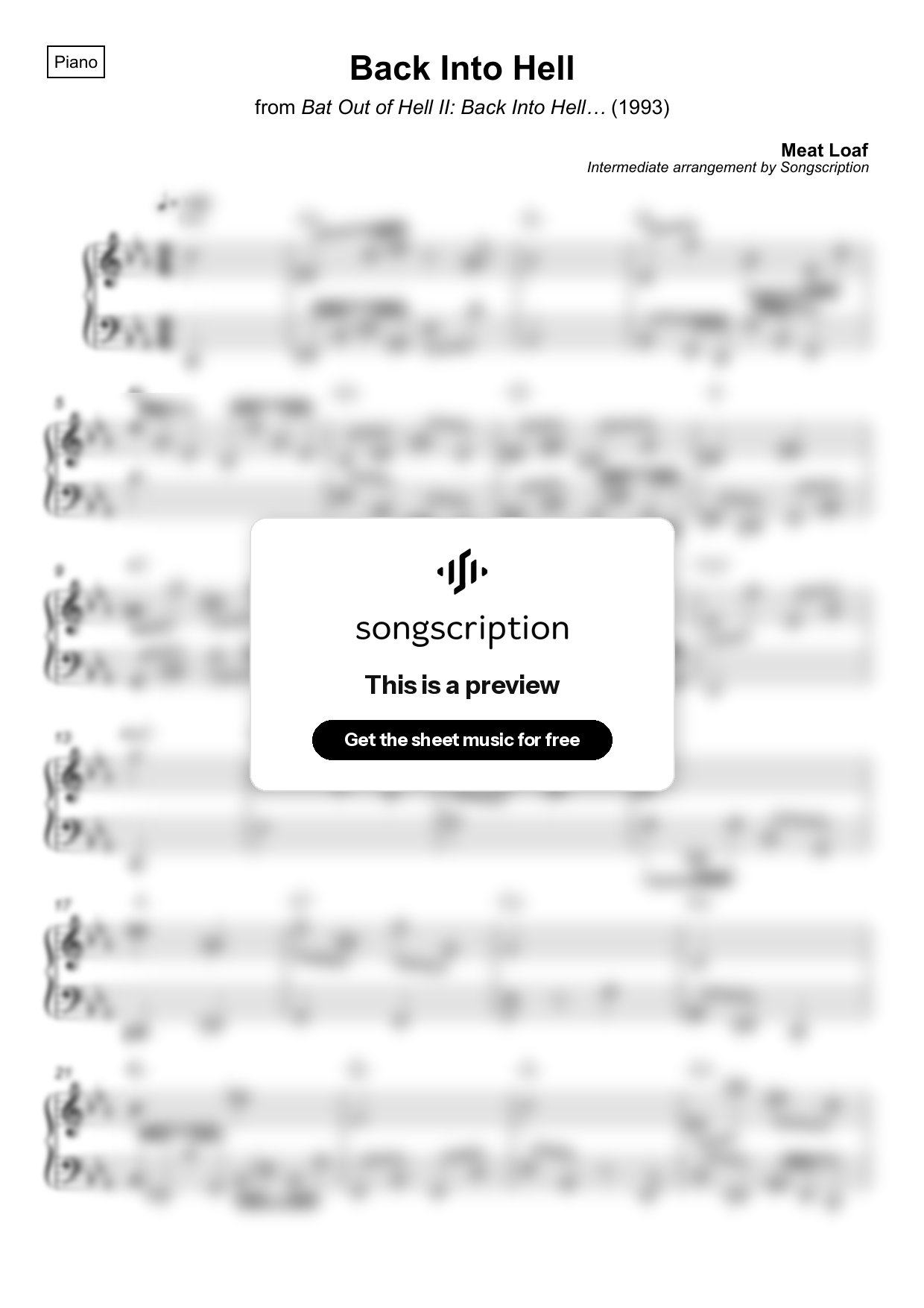 Intermediate Piano Sheet Music for "Back Into Hell" by Meat Loaf