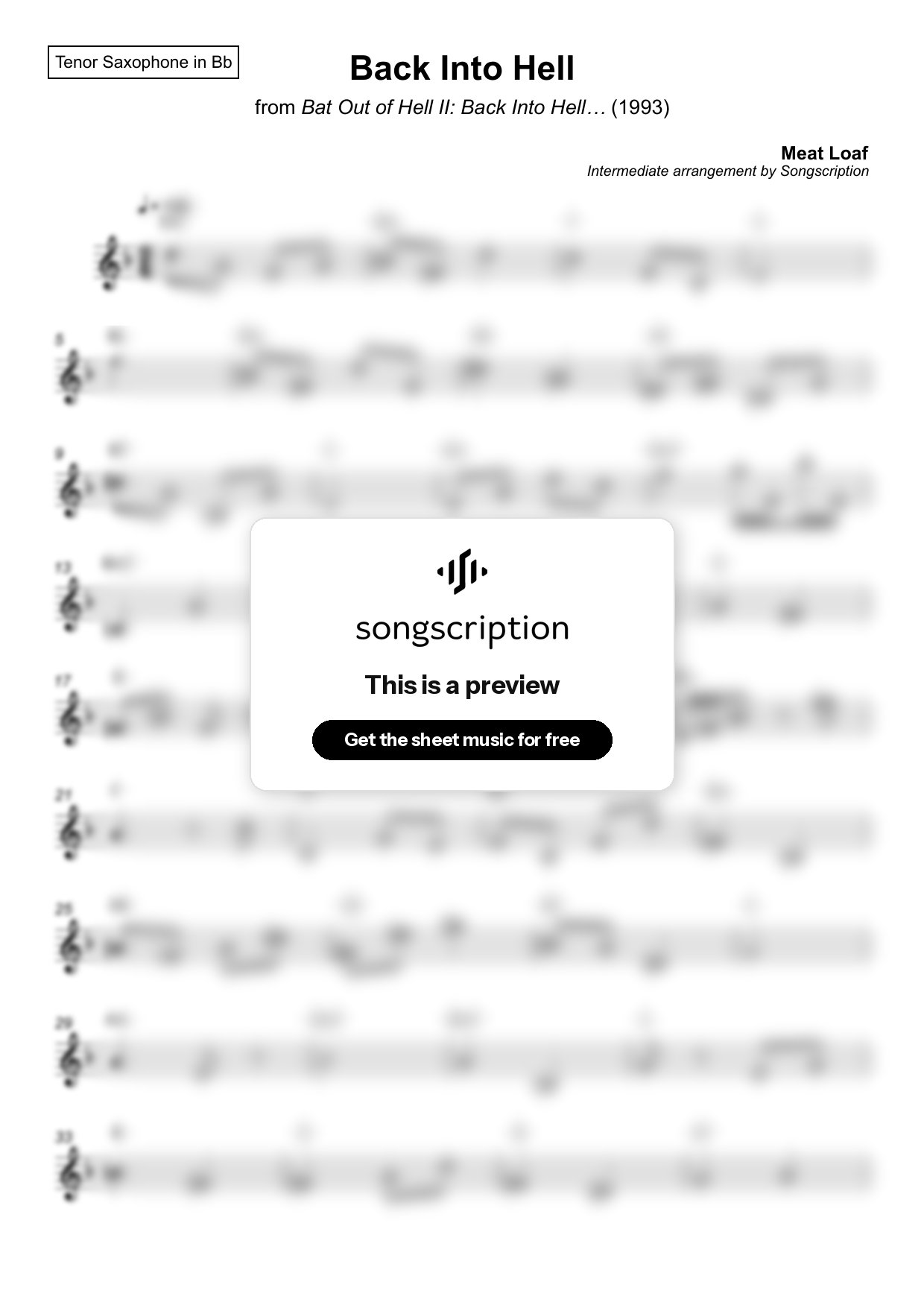 Intermediate Tenor Sax Sheet Music for "Back Into Hell" by Meat Loaf
