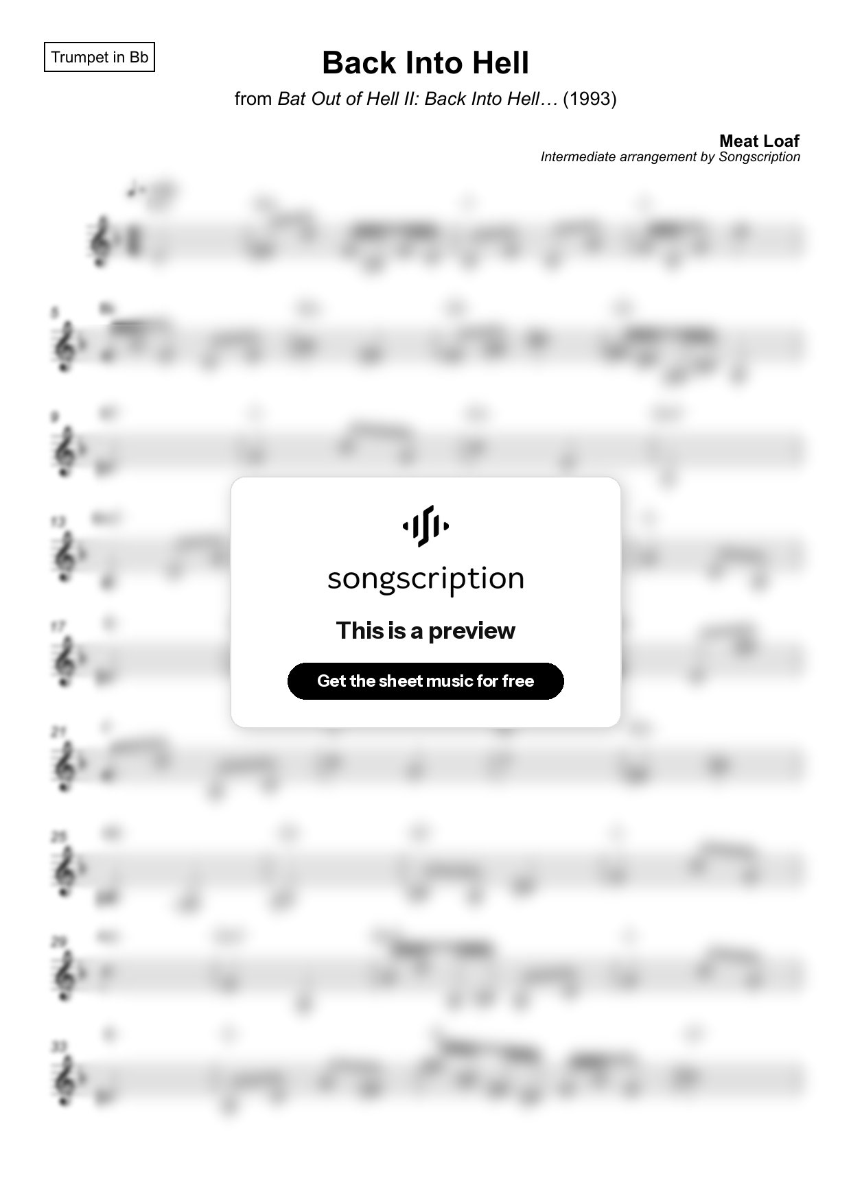 Intermediate Trumpet Sheet Music for "Back Into Hell" by Meat Loaf