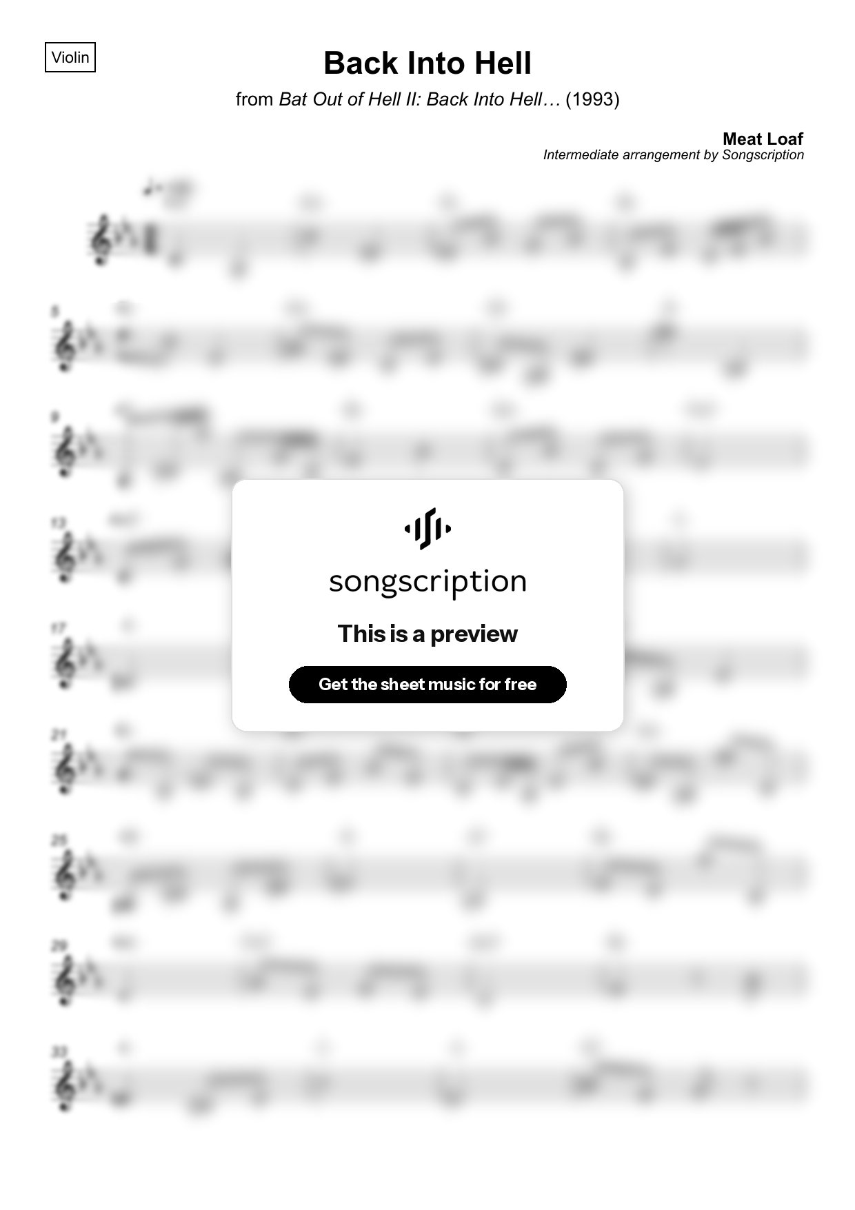 Intermediate Violin Sheet Music for "Back Into Hell" by Meat Loaf