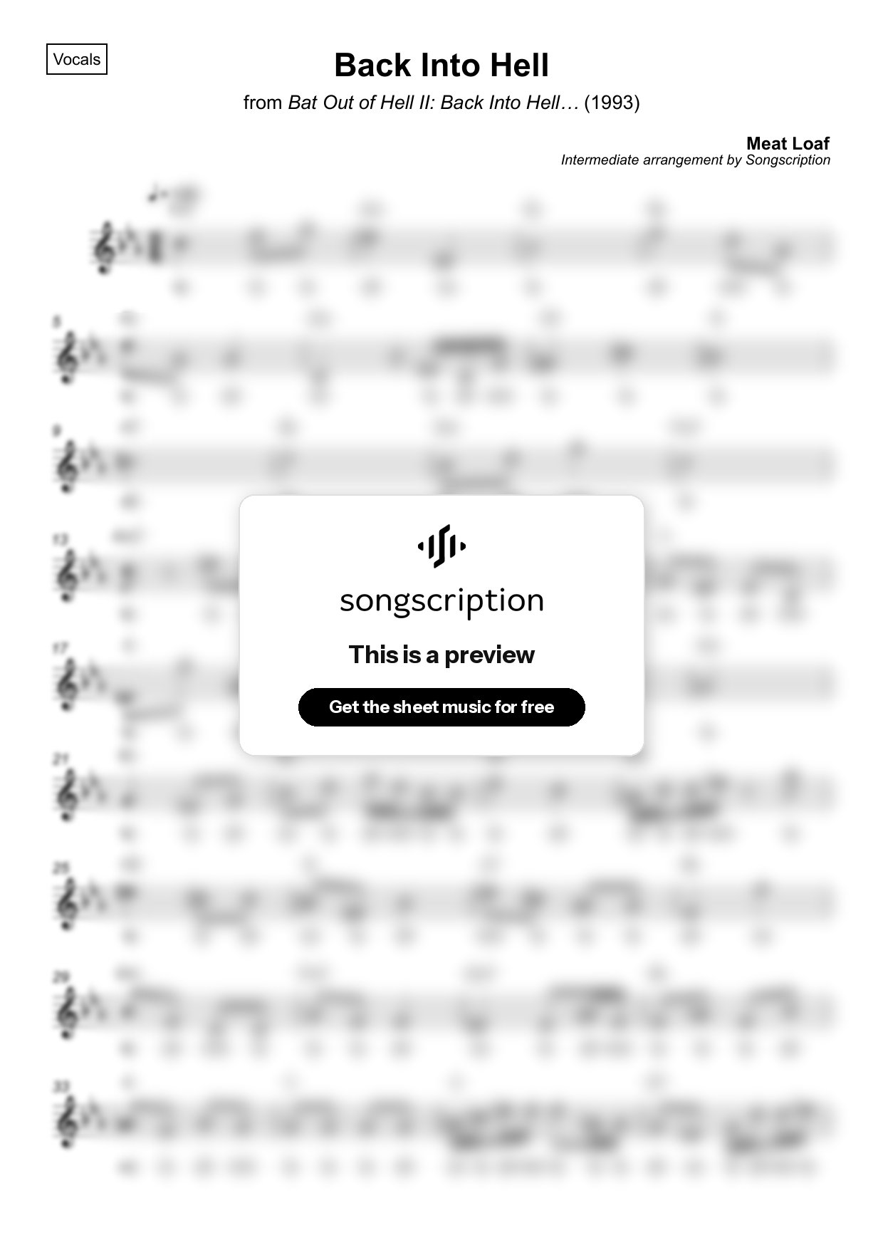 Intermediate Vocals Sheet Music for "Back Into Hell" by Meat Loaf