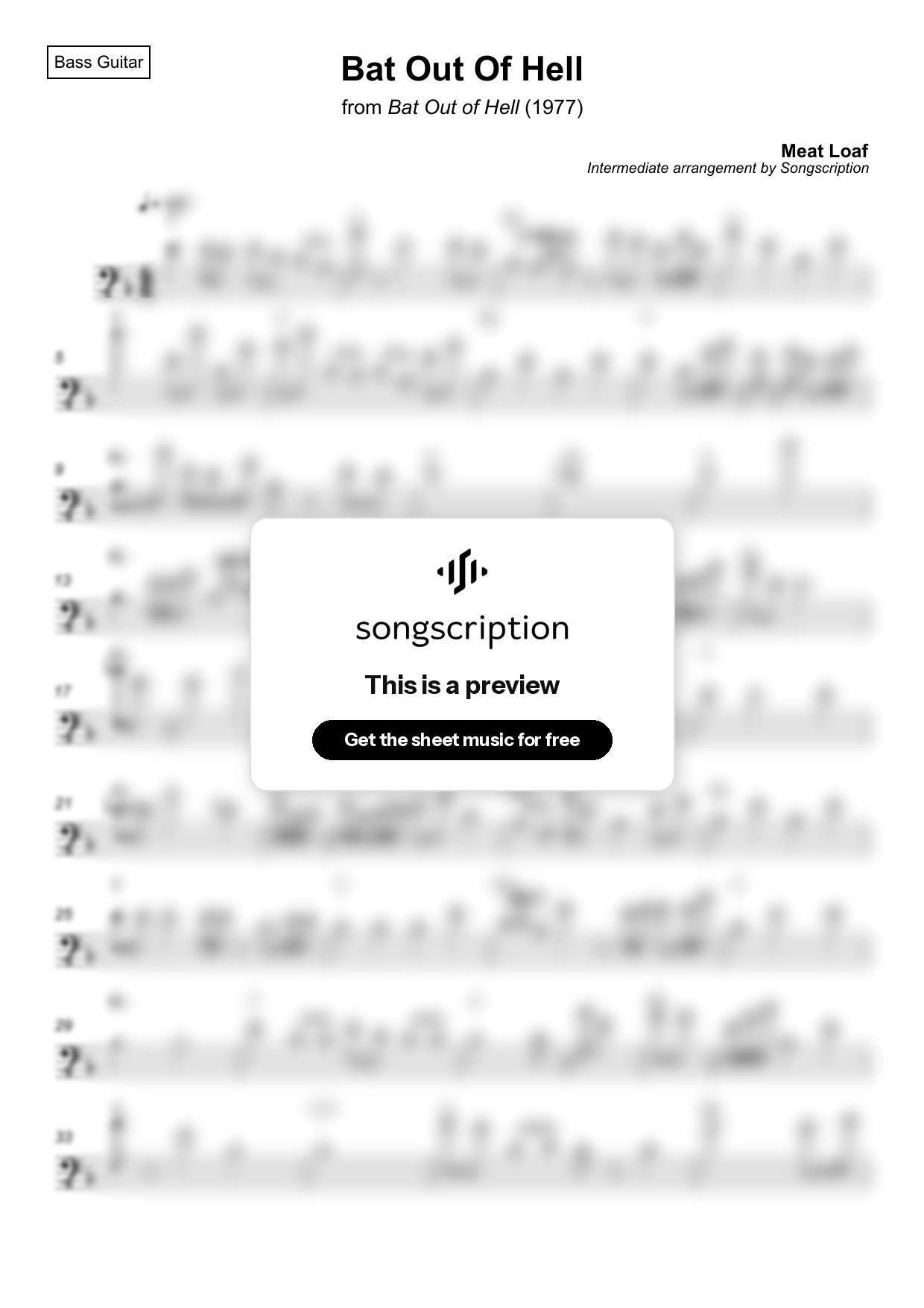 Intermediate Bass Guitar Sheet Music for "Bat Out Of Hell" by Meat Loaf