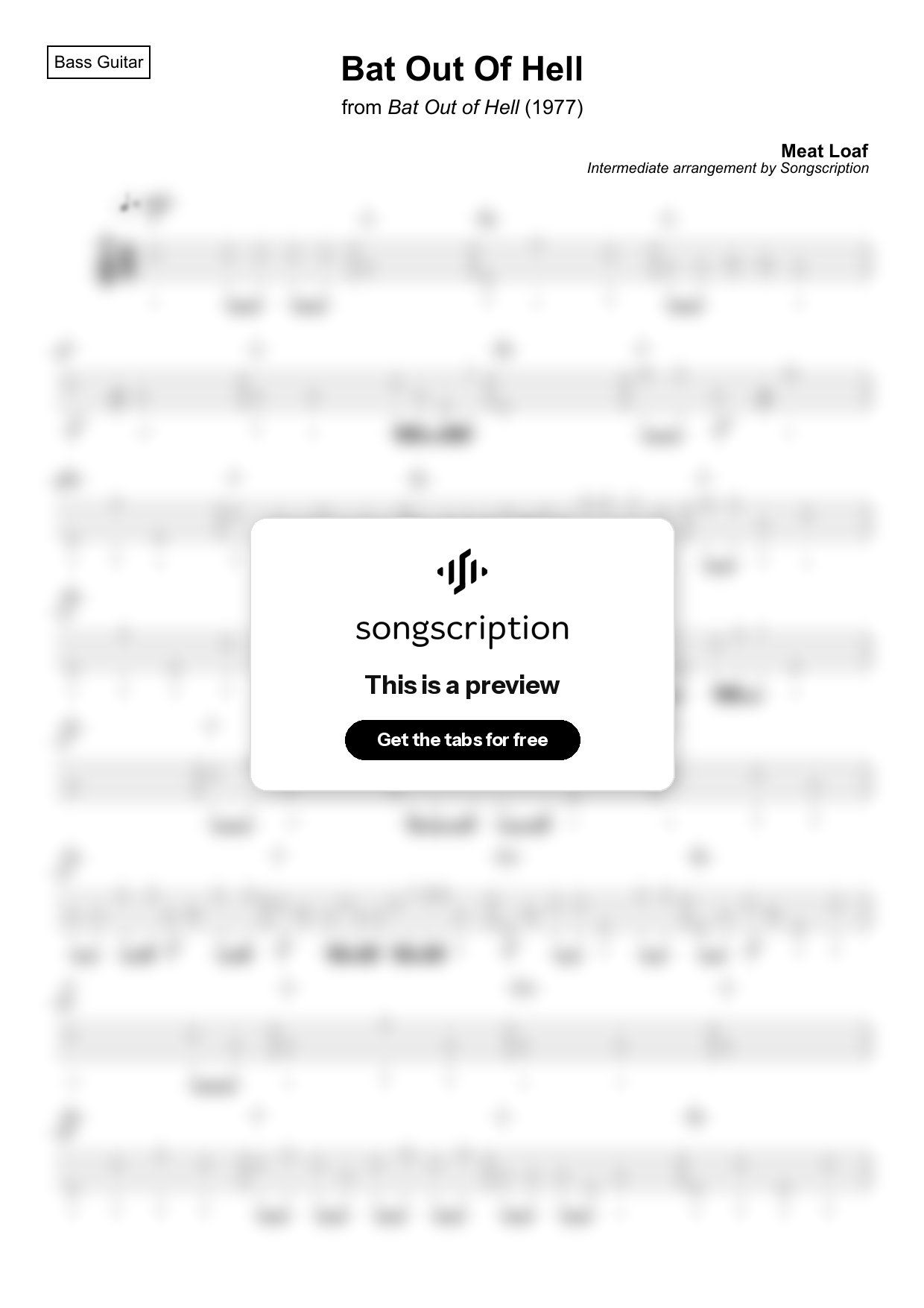 Intermediate Bass Guitar Tabs for "Bat Out Of Hell" by Meat Loaf