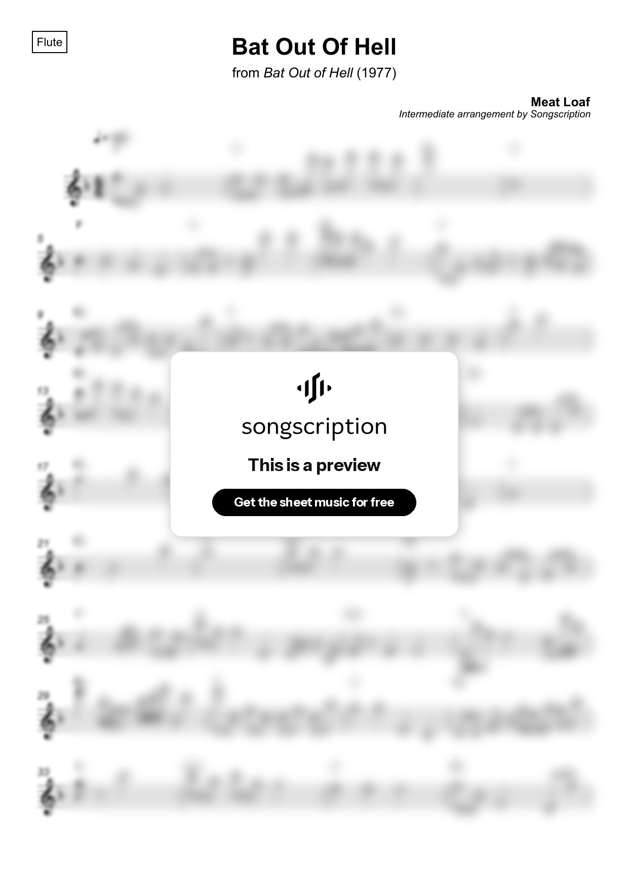 Intermediate Flute Sheet Music for "Bat Out Of Hell" by Meat Loaf