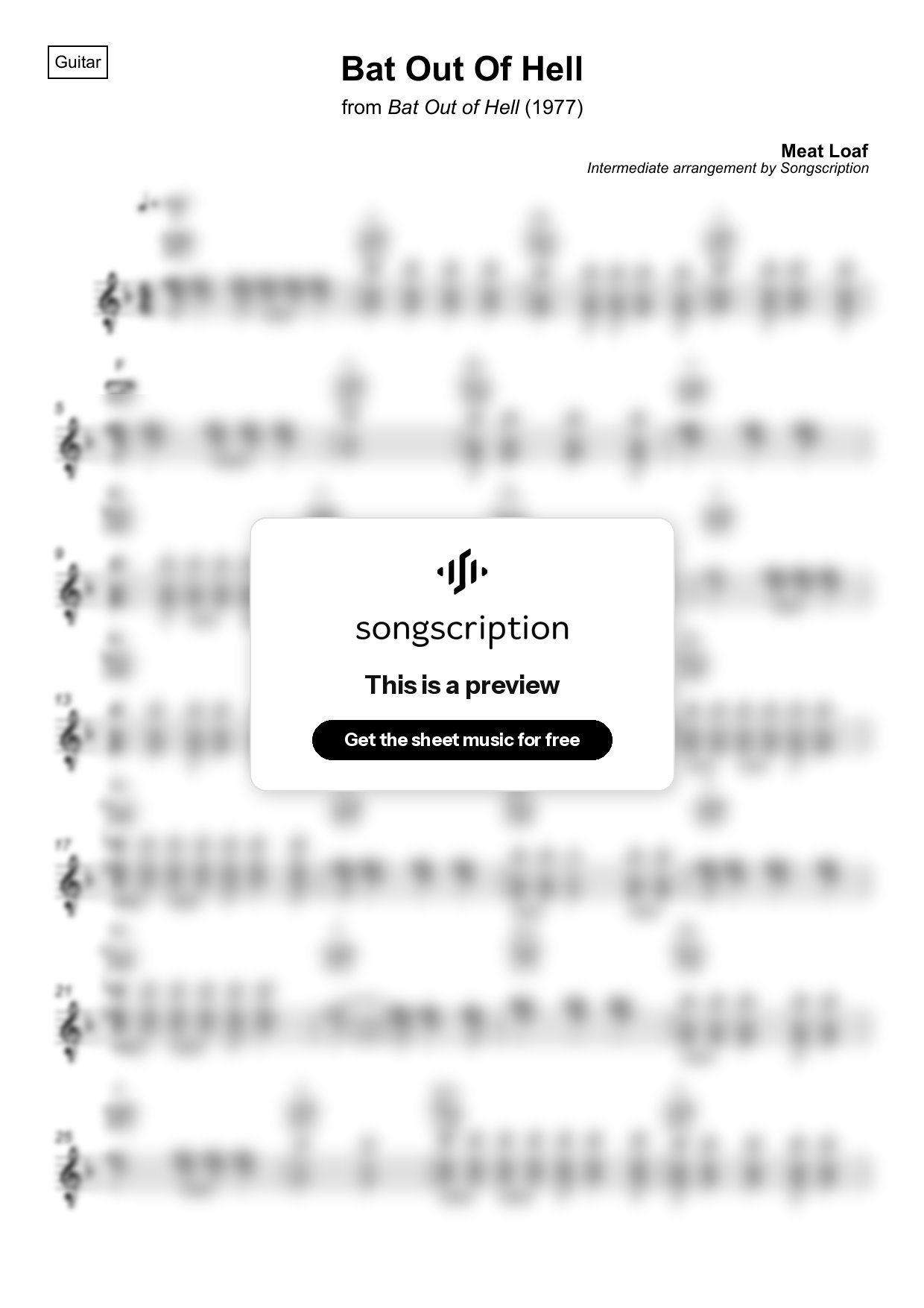 Intermediate Acoustic Guitar Sheet Music for "Bat Out Of Hell" by Meat Loaf