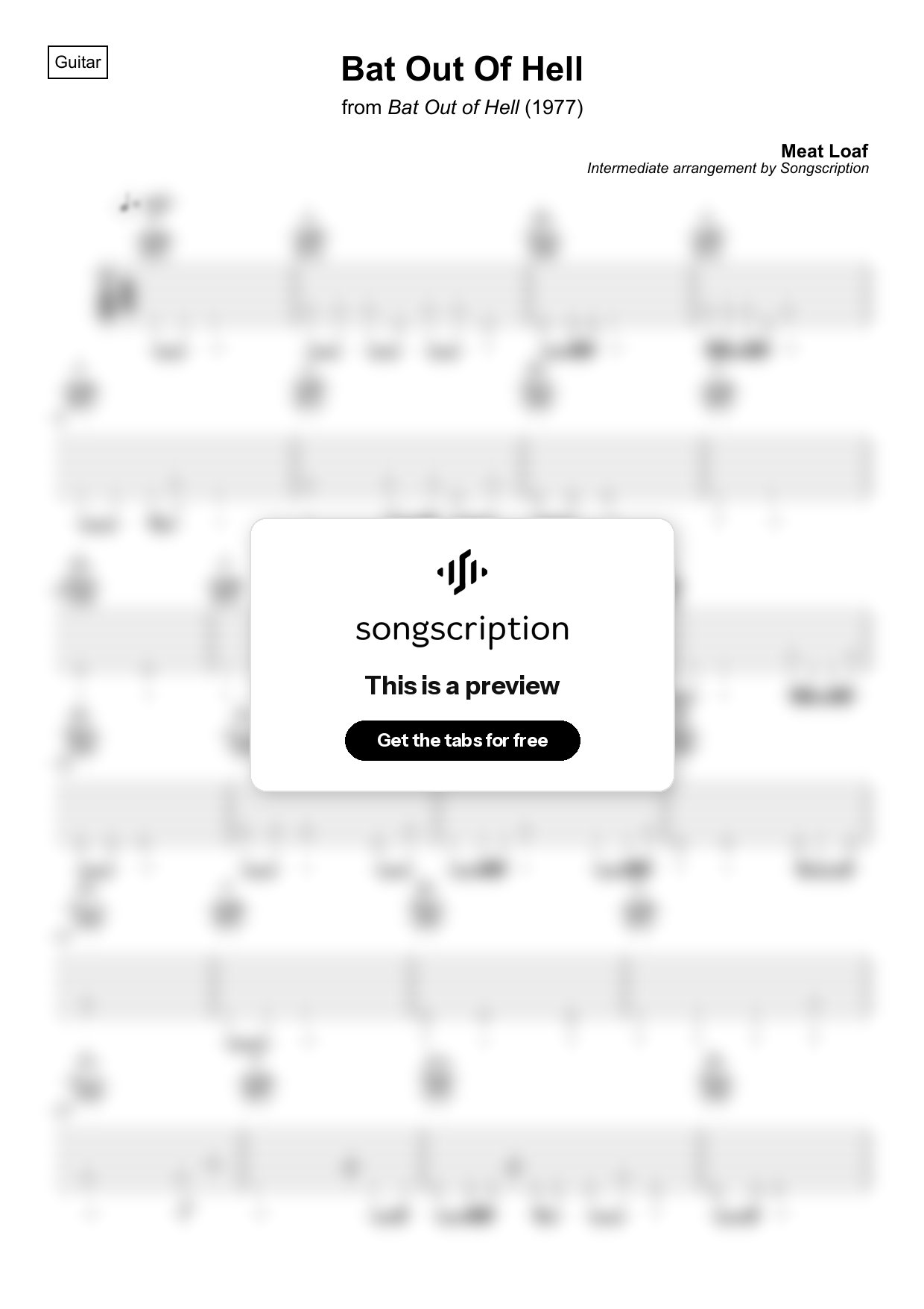 Intermediate Acoustic Guitar Tabs for "Bat Out Of Hell" by Meat Loaf