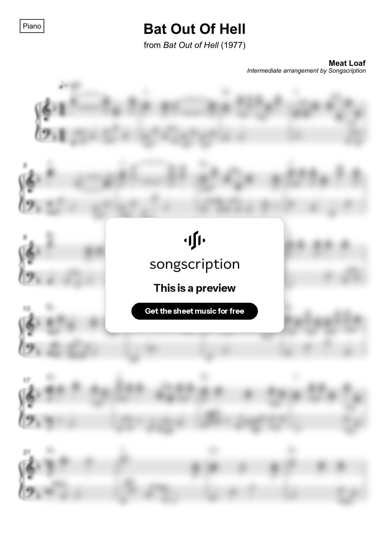 Intermediate Piano Sheet Music for "Bat Out Of Hell" by Meat Loaf