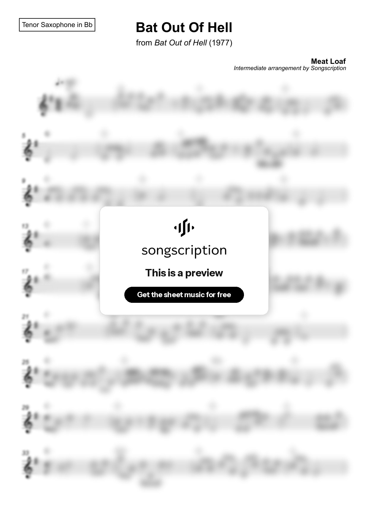 Intermediate Tenor Sax Sheet Music for "Bat Out Of Hell" by Meat Loaf