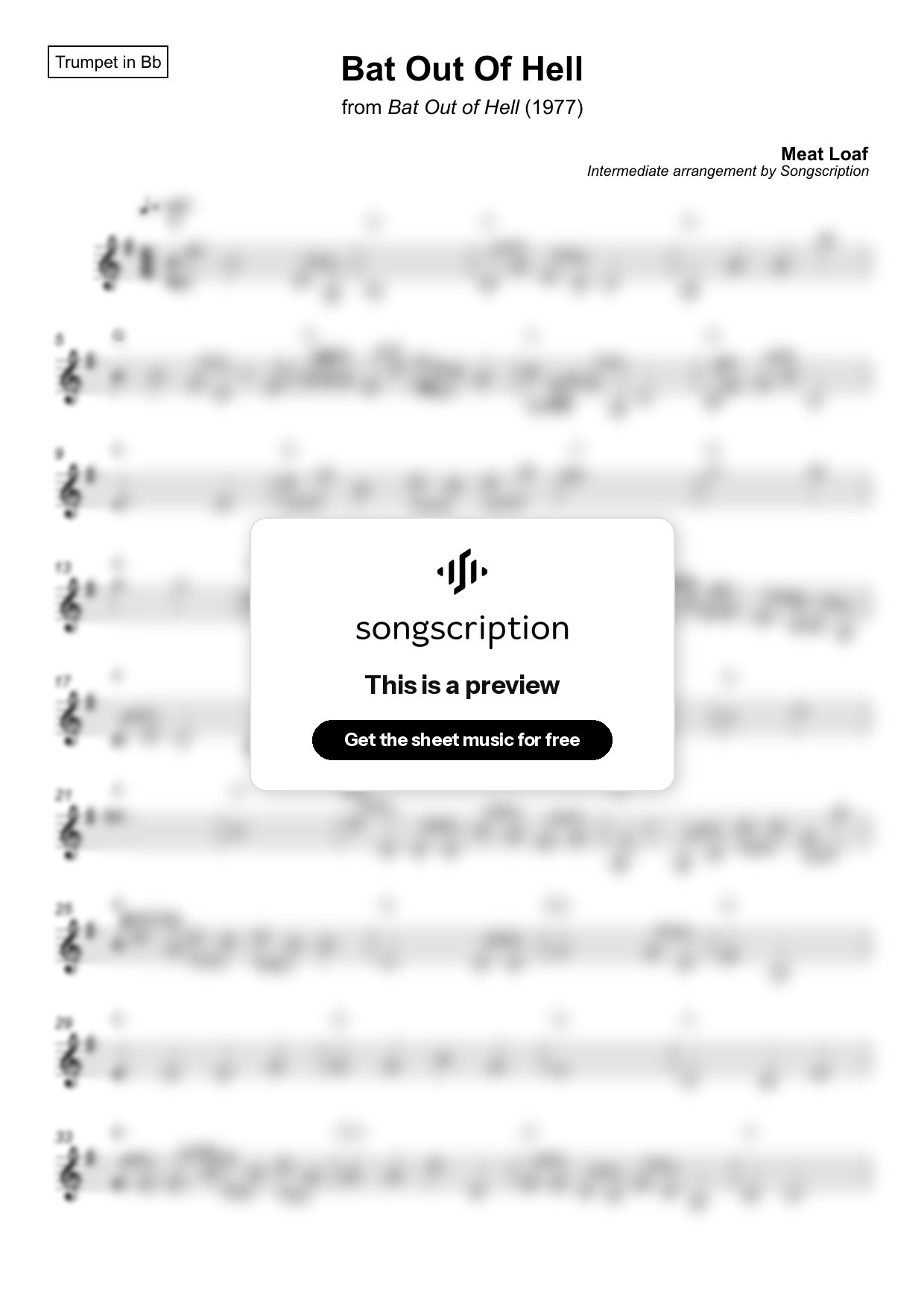 Intermediate Trumpet Sheet Music for "Bat Out Of Hell" by Meat Loaf
