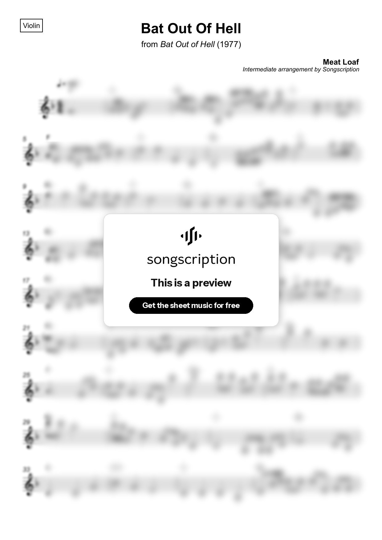 Intermediate Violin Sheet Music for "Bat Out Of Hell" by Meat Loaf