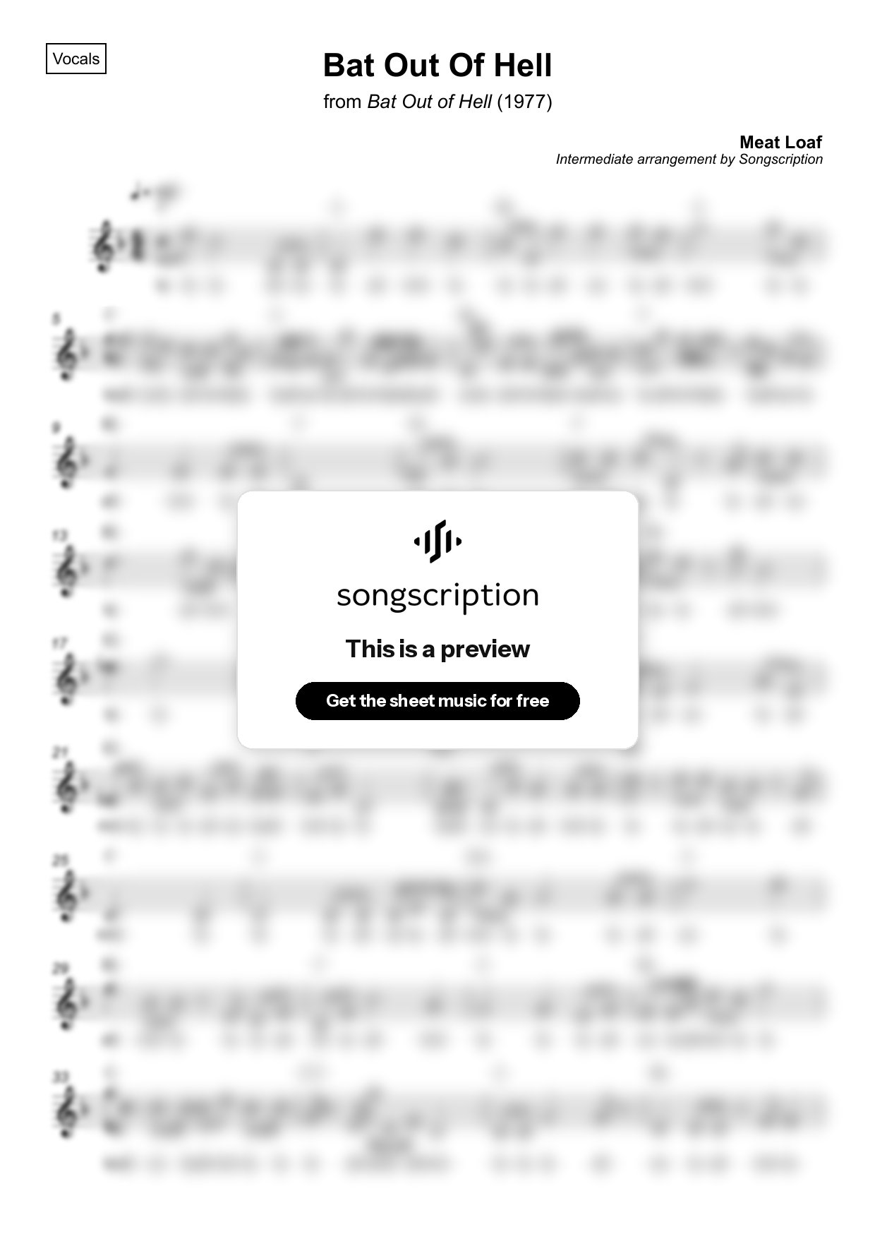 Intermediate Vocals Sheet Music for "Bat Out Of Hell" by Meat Loaf