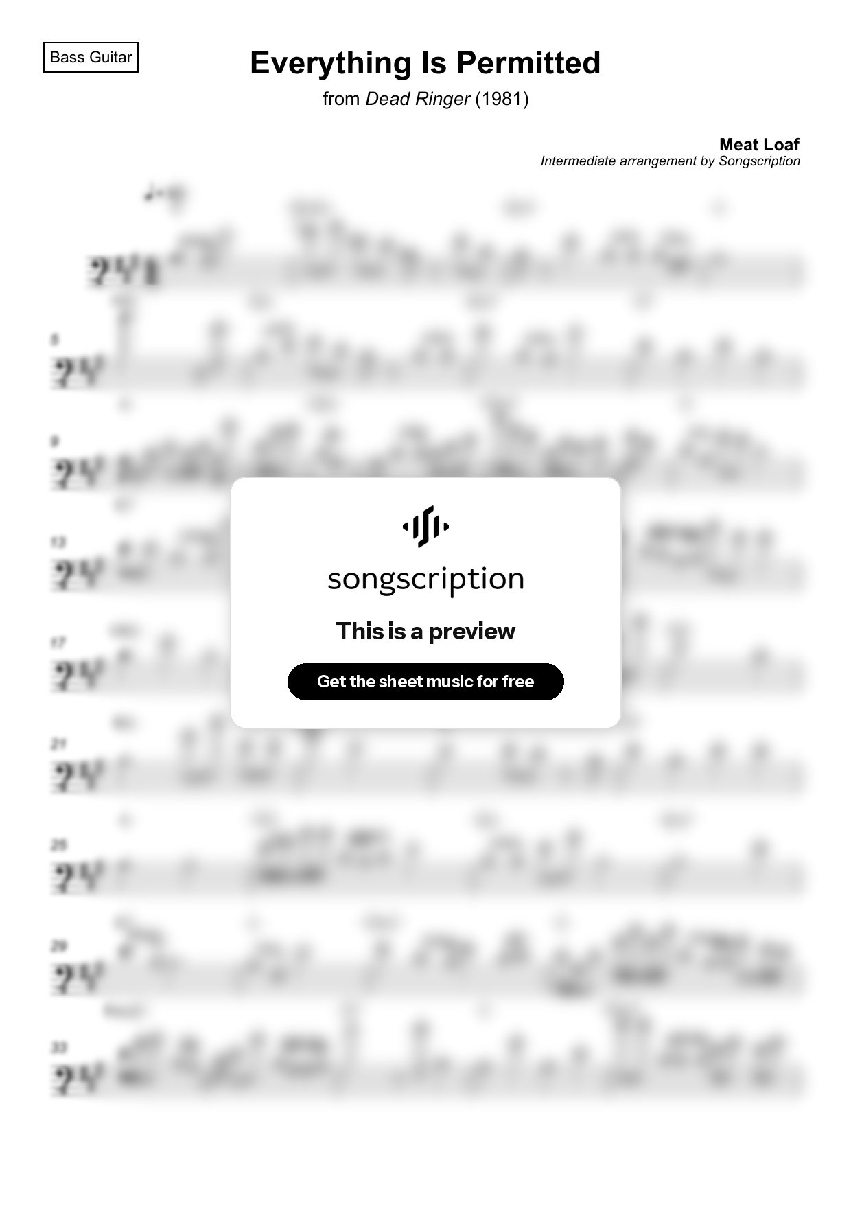Intermediate Bass Guitar Sheet Music for "Everything Is Permitted" by Meat Loaf
