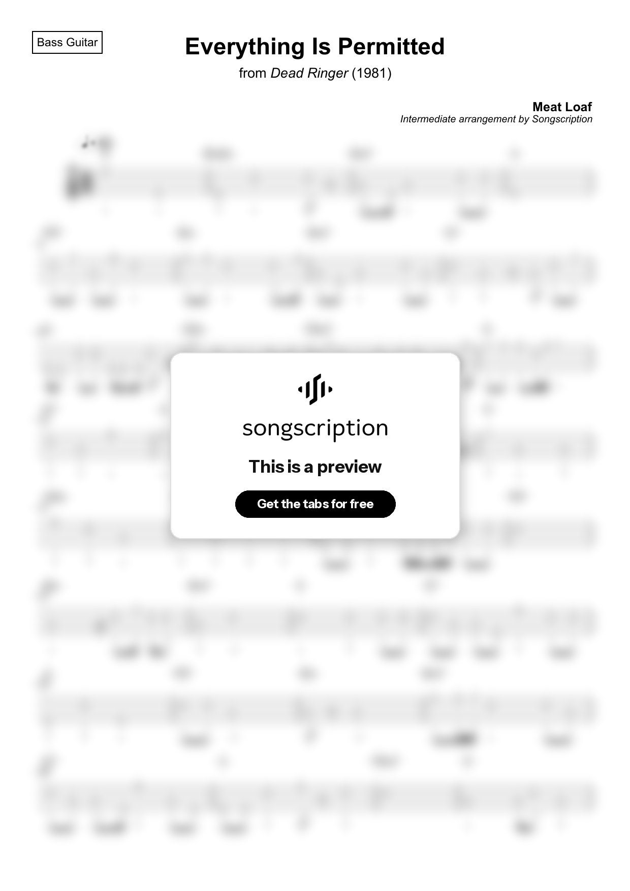 Intermediate Bass Guitar Tabs for "Everything Is Permitted" by Meat Loaf