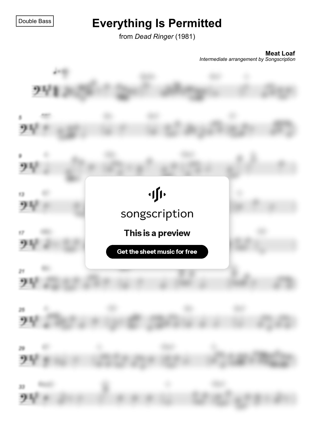 Intermediate Double Bass Sheet Music for "Everything Is Permitted" by Meat Loaf